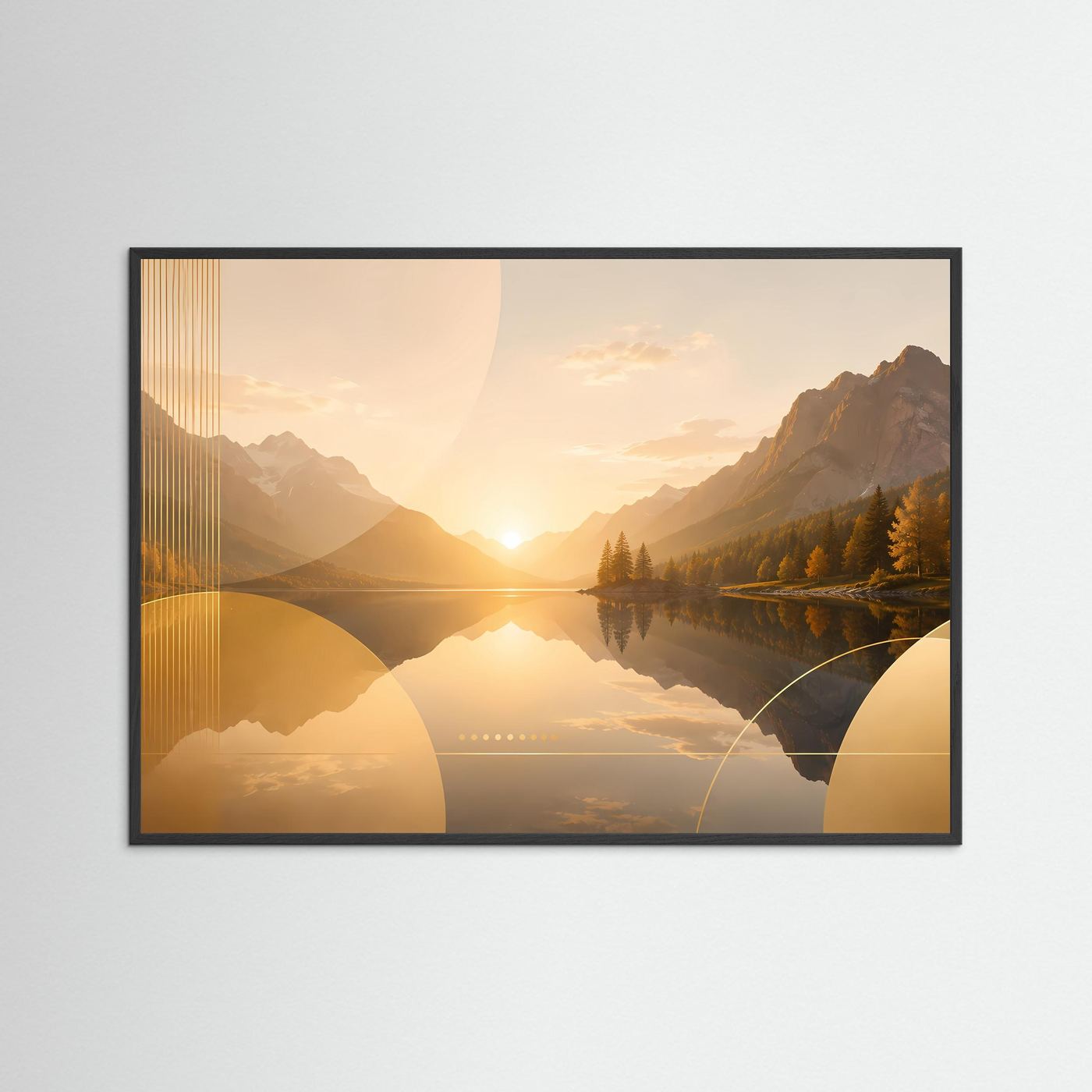 Bergsee Poster Querformat | Goldene Berglandschaft bei Sonnenuntergang | Elegantes Natur Wandbild mit See, Bergen & Herbstwald