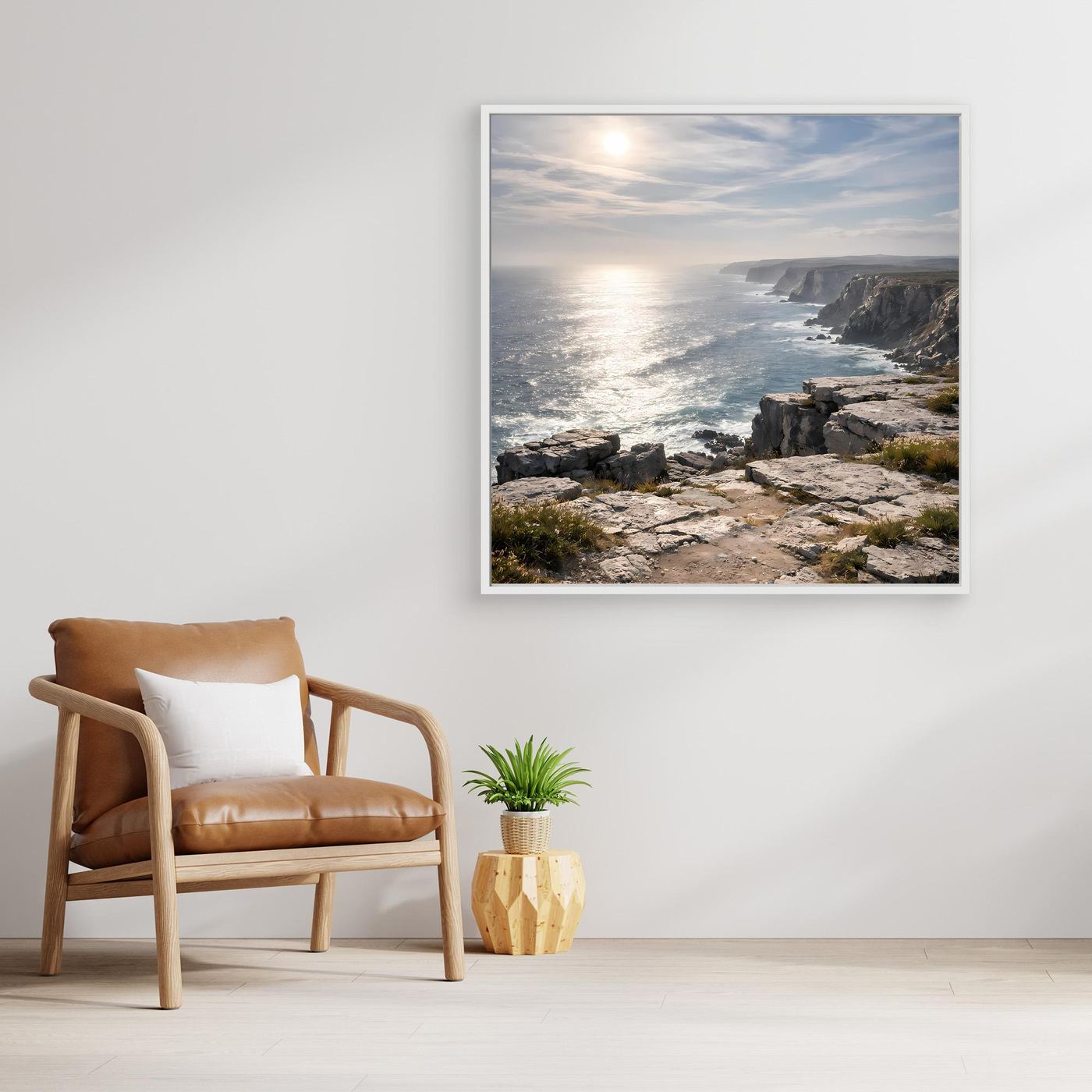 Leinwandbild mit steiler Küste, Meer und Klippen, weißer Rahmen