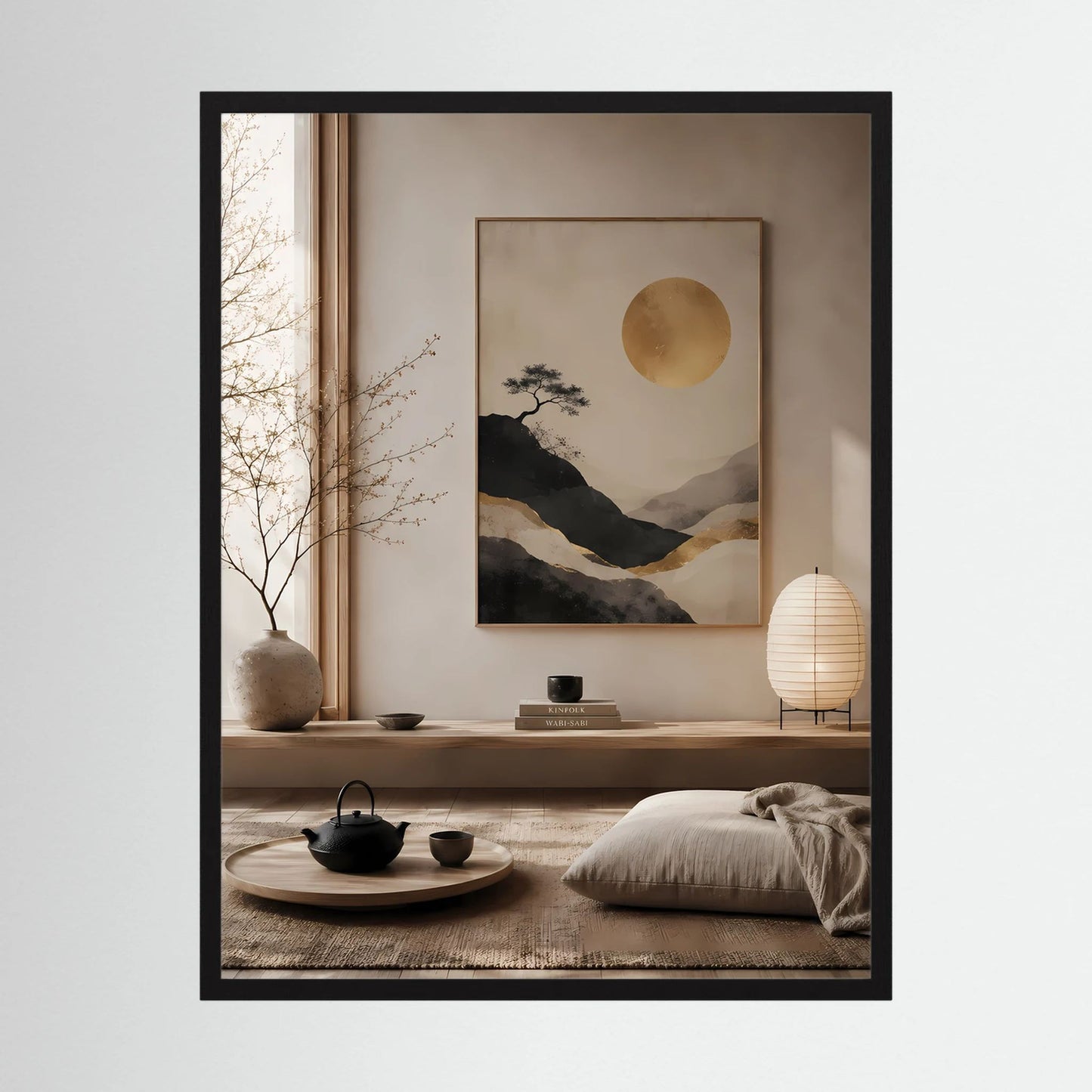 Hochformat-Poster mit Berglandschaft und goldener Sonne im schwarzen Rahmen