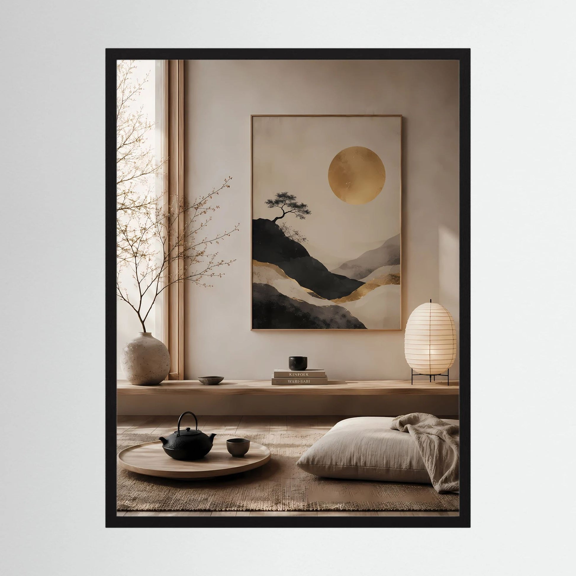 Hochformat-Poster mit Berglandschaft und goldener Sonne im schwarzen Rahmen