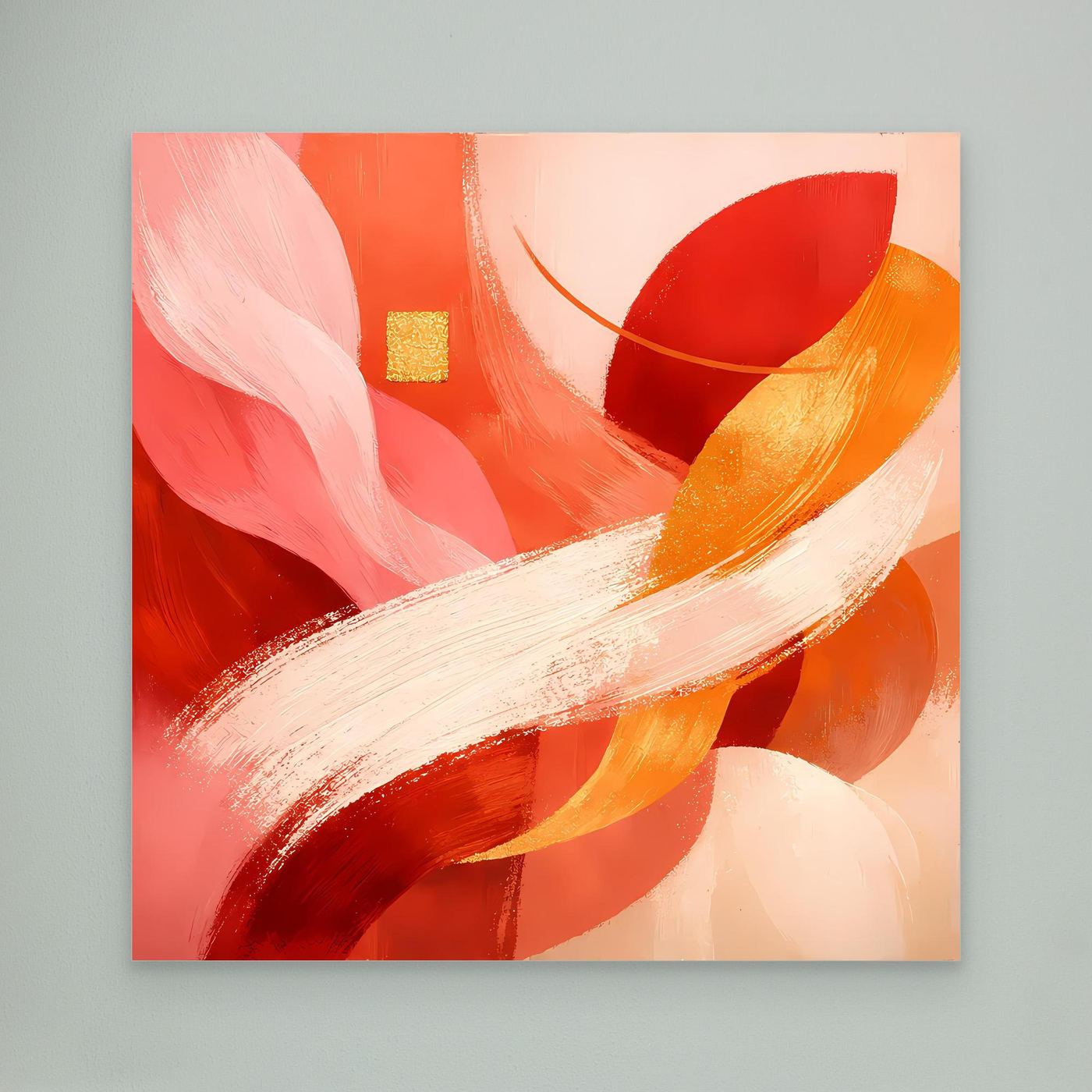 Abstraktes Leinwandbild mit roten, orangen und goldenen Pinselstrichen, quadratisch