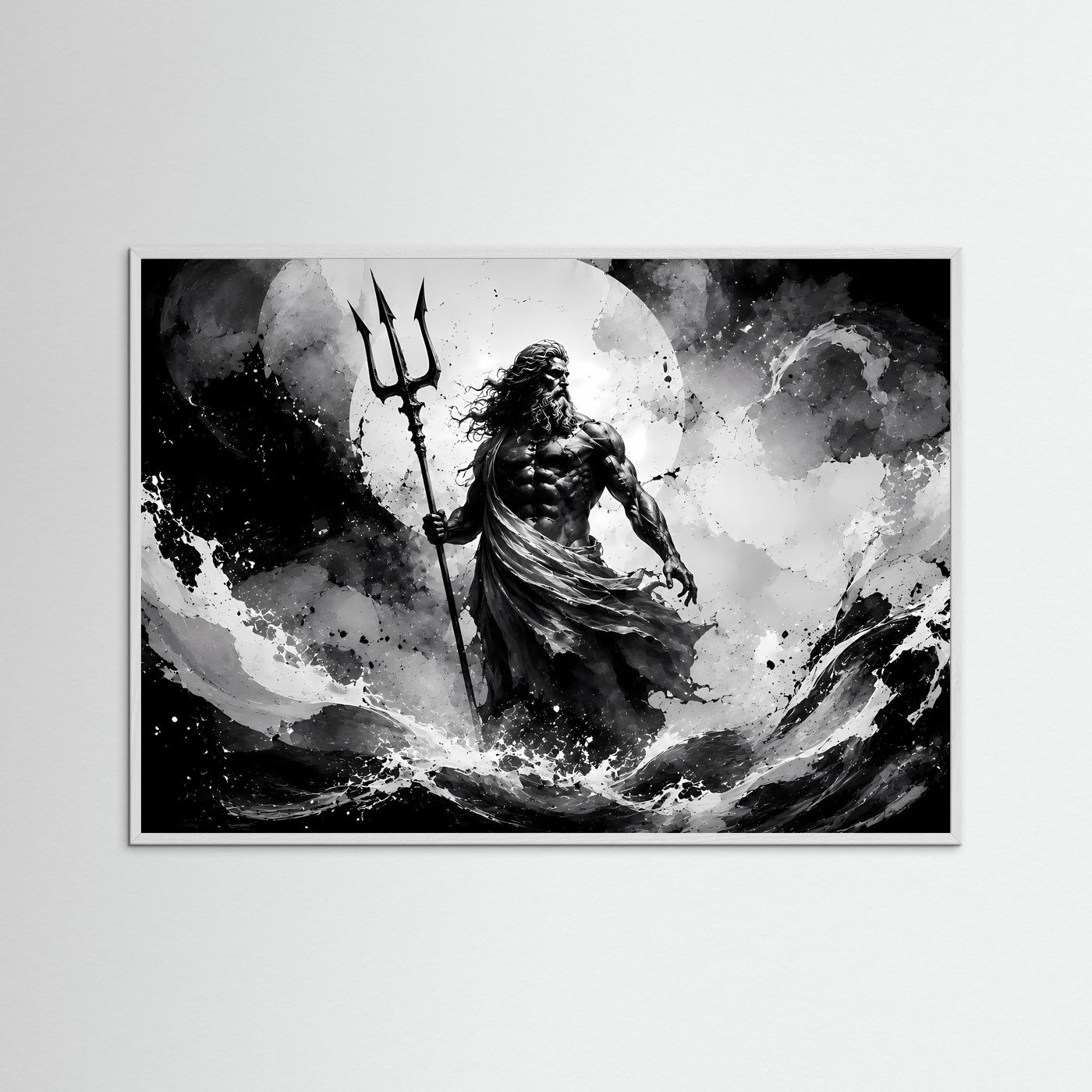 Poseidon Schwarz Weiß Wandbild | Griechische Mythologie Poster | Gott des Meeres mit Dreizack | Monochrome Fantasy Kunst | Moderne Leinwand