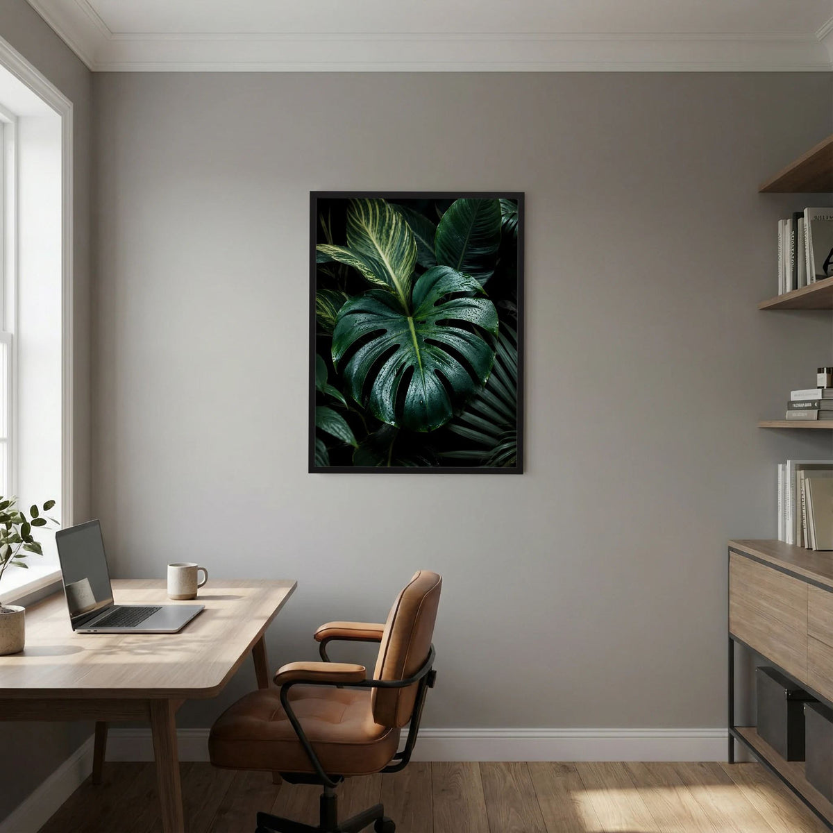 Poster im Hochformat mit dunklen Monstera-Blättern, schwarz gerahmt