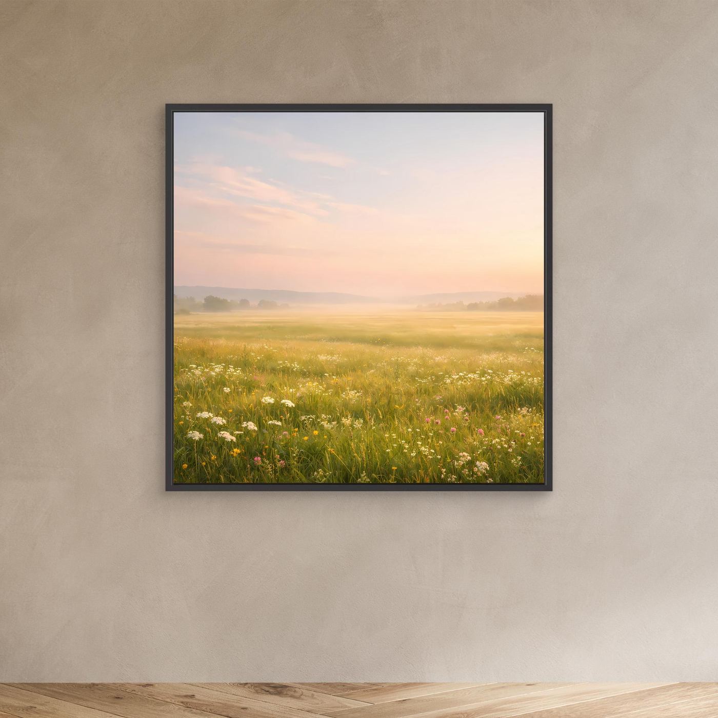 Leinwandbild Neblige Blumenwiese mit Wildblumen im schwarzen Rahmen, warmes Morgenlicht