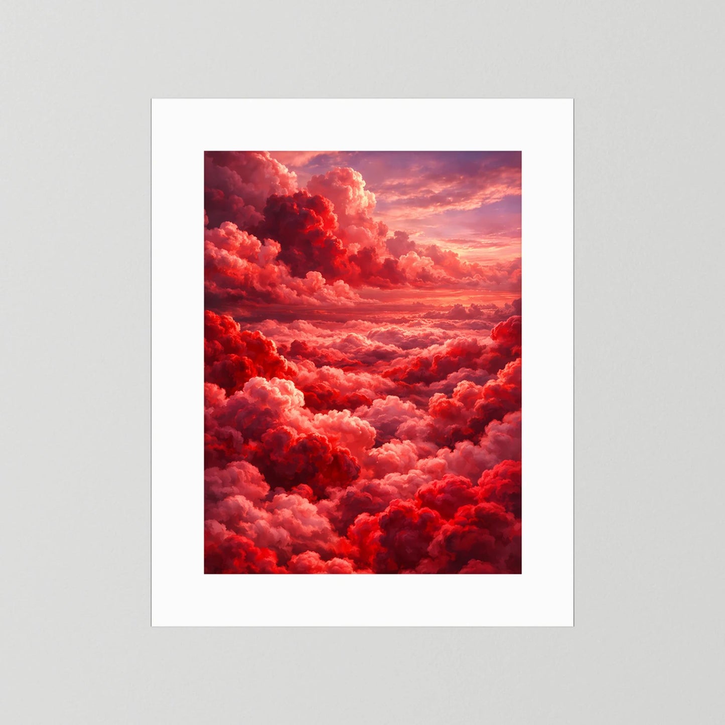 Kunstposter mit rotem Wolkenmeer und rosafarbenem Himmel, weißes Passepartout
