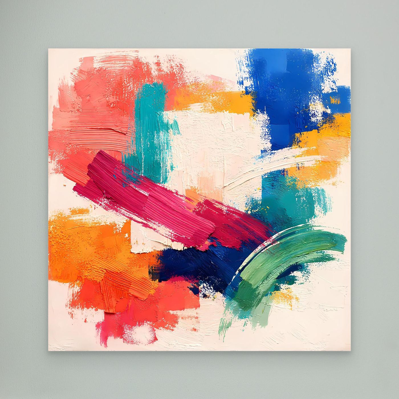 Frameless abstract canvas wall art with bold red, blue, green, yellow brushstrokes