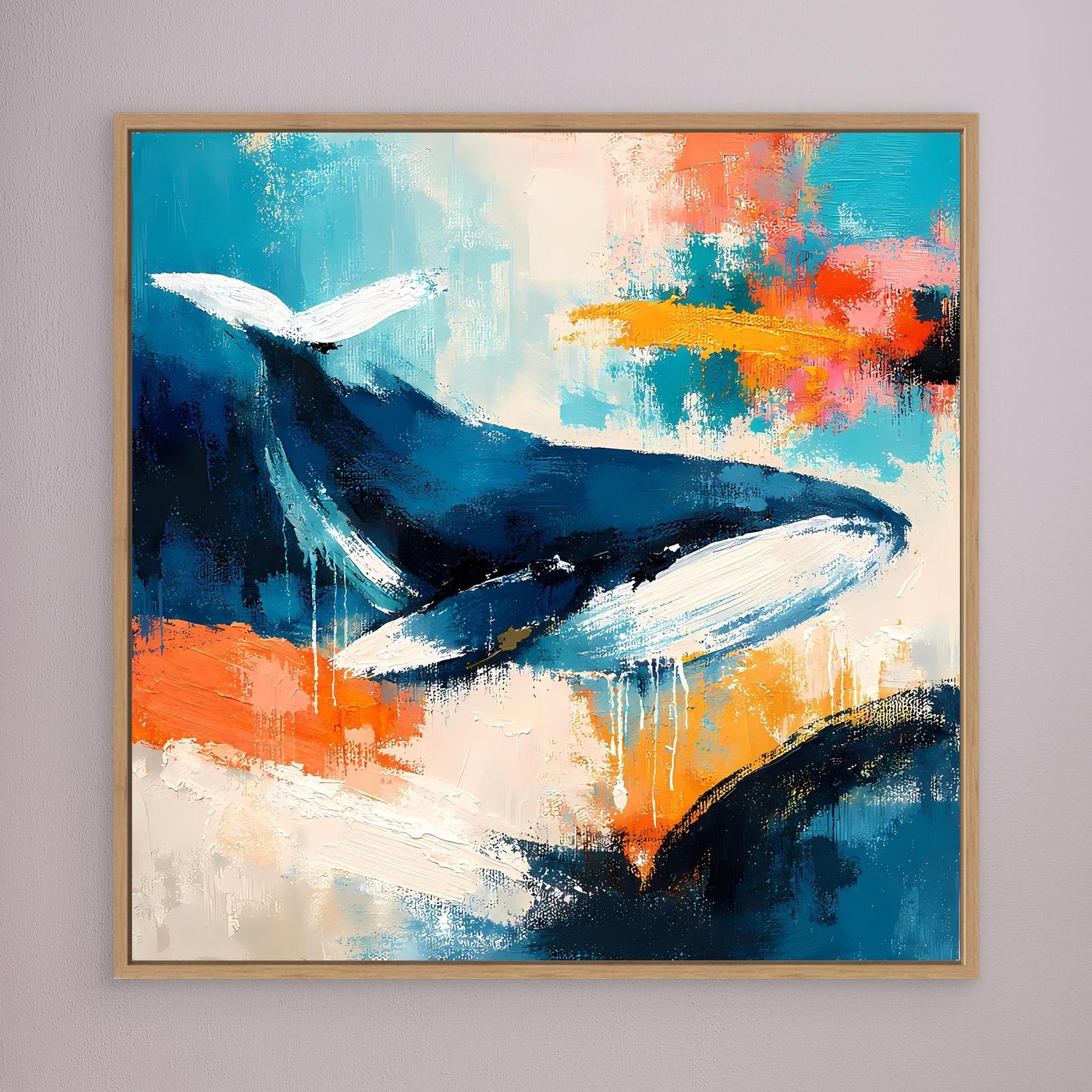 Leinwand-Wandbild: abstrakter Wal in Blau und Orange, Holzrahmen