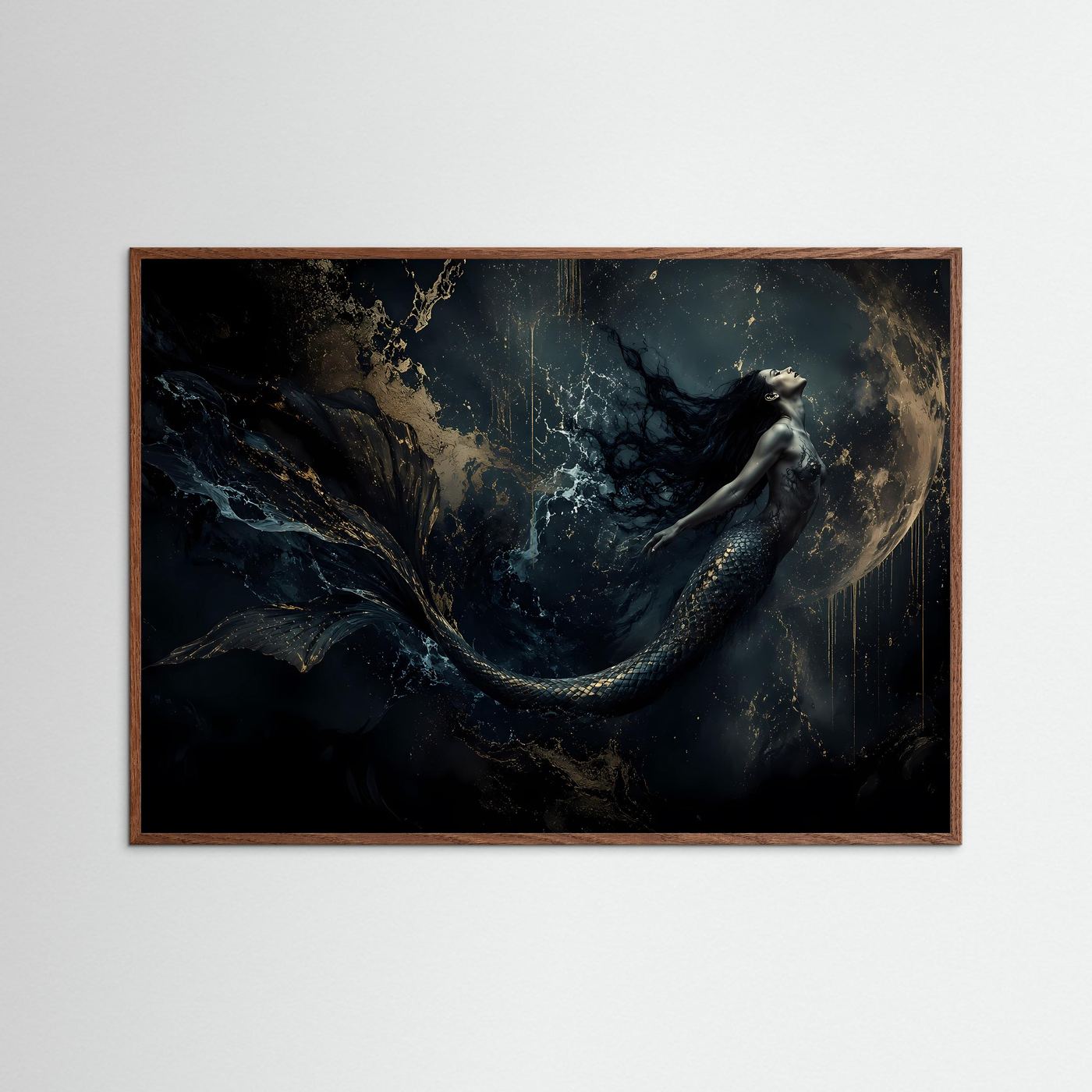 Mystische Meerjungfrau im Mondschein | Abstraktes Fantasy Poster in Schwarz & Gold | Edles Wandbild Querformat