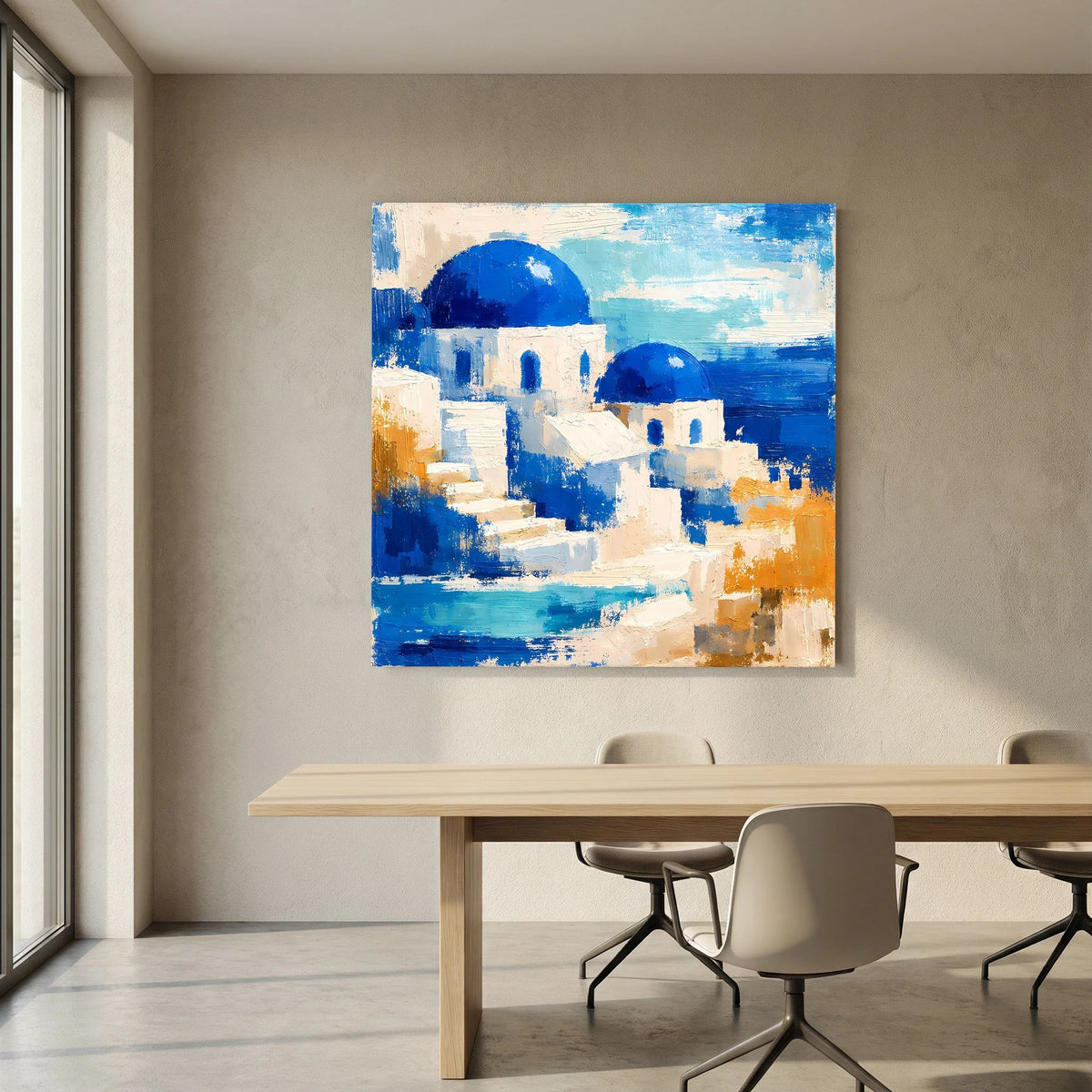 Wandbild auf Leinwand: blauweiße Häuser mit blauen Kuppeln und orangefarbenen Verläufen
