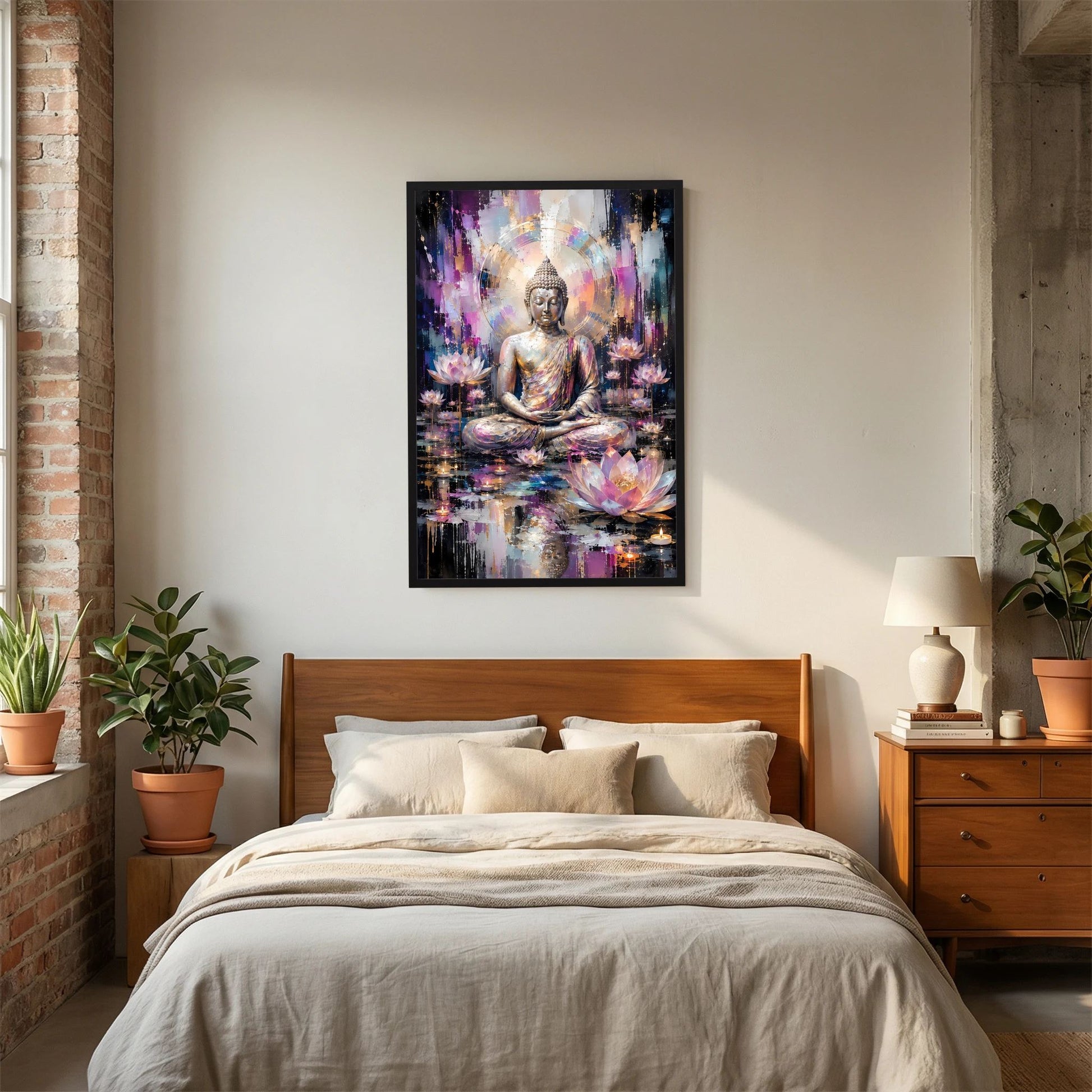 Poster im schwarzen Rahmen: meditierender Buddha auf Lotusbasis, abstrakte Gold-Rosa-Blau-Optik.