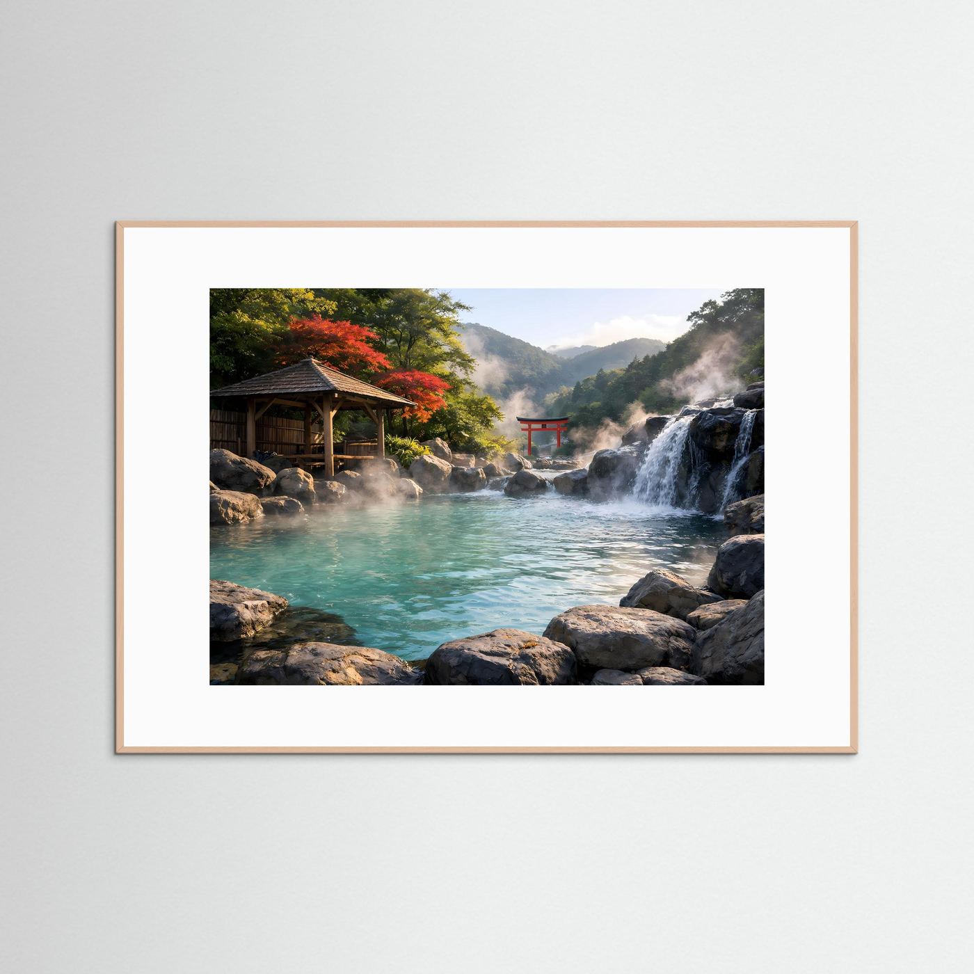 Querformat-Poster mit Onsen-Landschaft im rosafarbenen Holzrahmen: rotes Torii, Wasserfall.