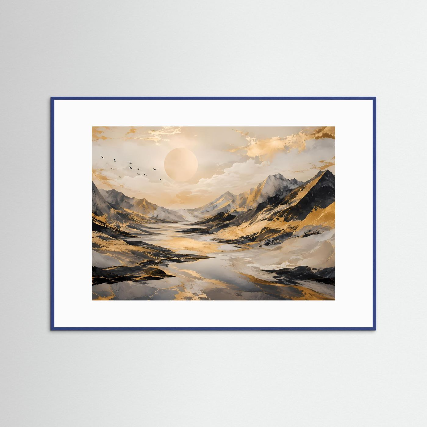 Abstrakte Berglandschaft mit Goldakzenten | Modernes Poster in Schwarz, Weiß & Gold | Edles Wandbild Querformat