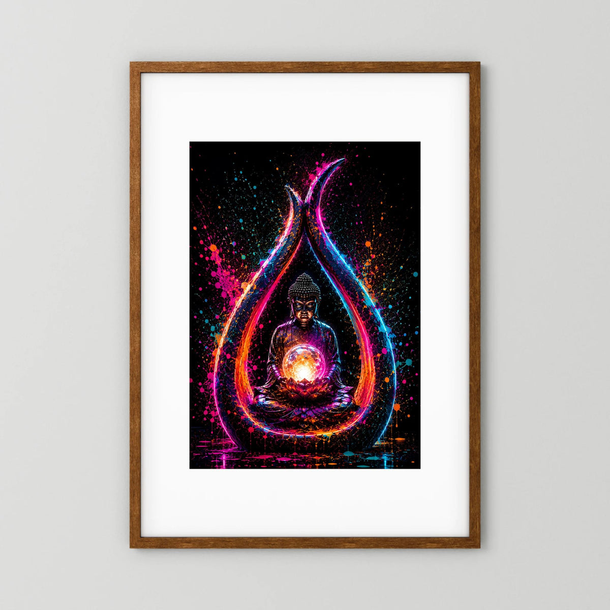 Buddha in Neonfarben | Meditation mit leuchtender Lotusblüte | Poster Hochformat