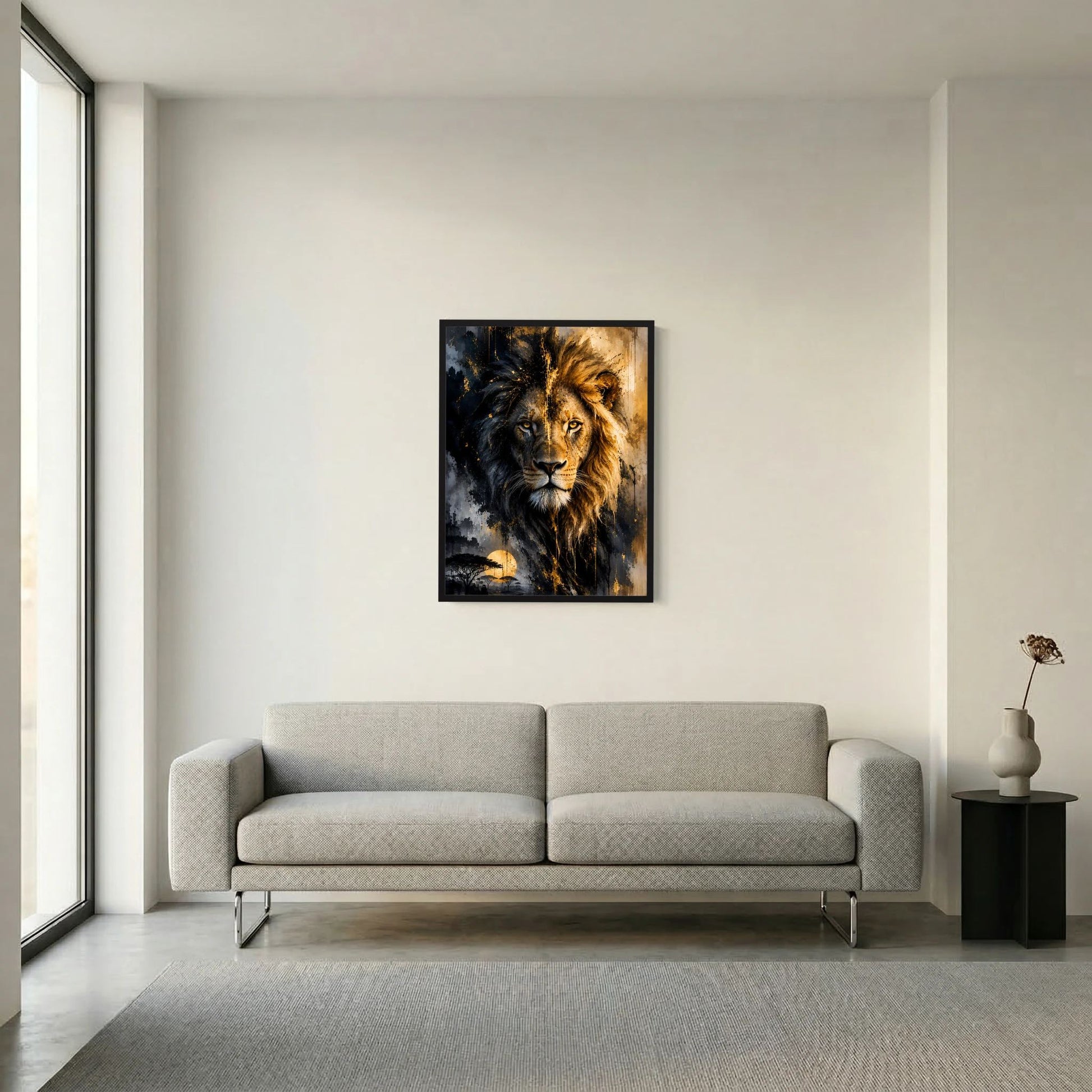 Gerahmtes Löwenposter an der Wand, schwarz-goldenes Tierportrait im Abstraktstil
