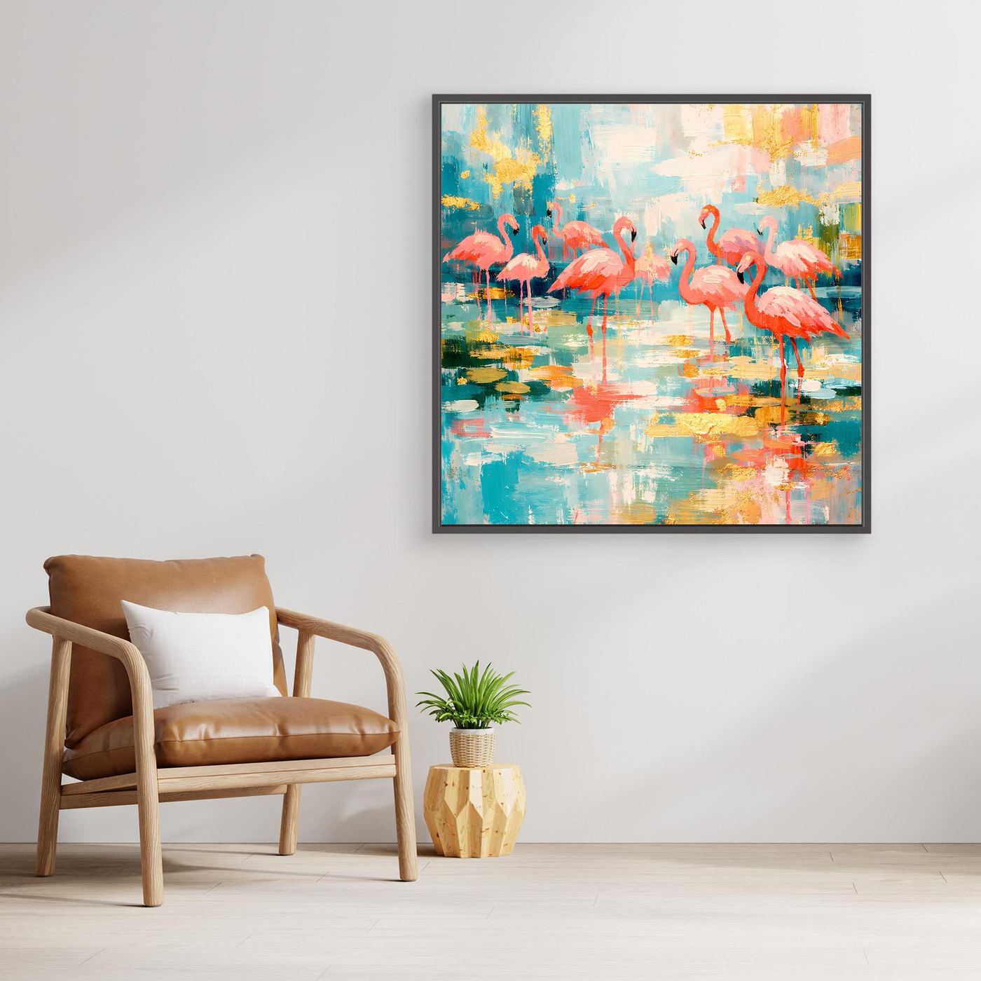 Abstraktes Leinwandbild mit Flamingos im Spiegelsee, schwarzer Rahmen