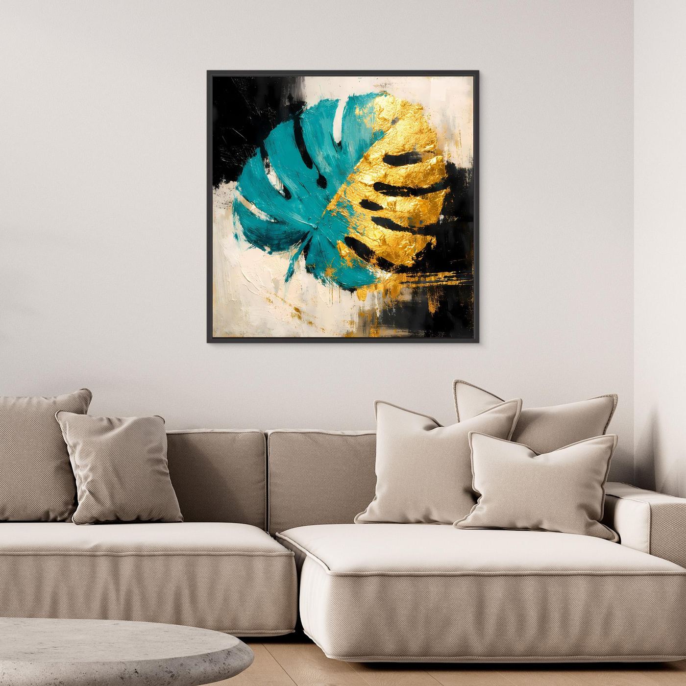 Leinwand Abstraktes Monstera Gemälde in Türkis und Gold | Modernes Botanik Wandbild