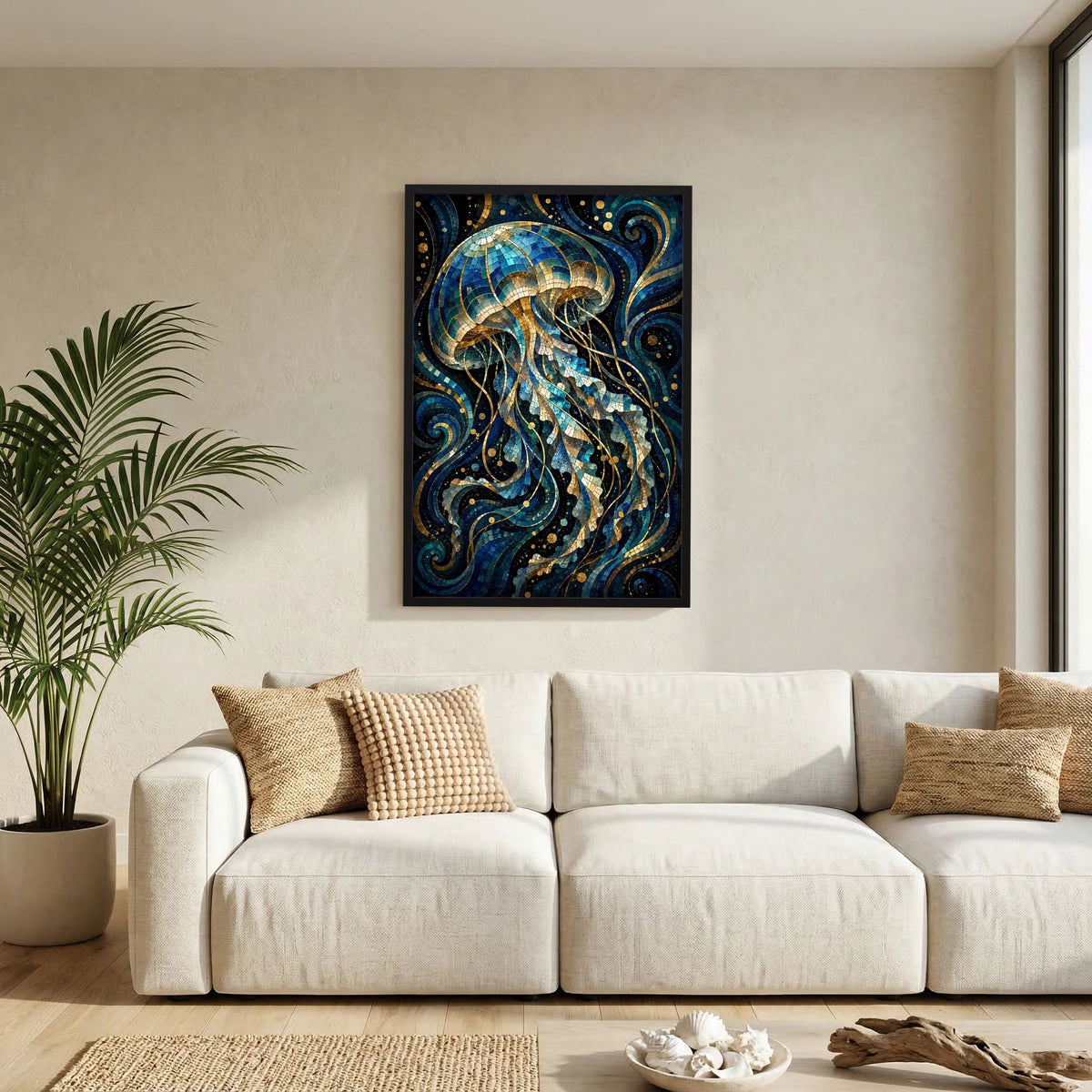 Wandposter mit Mosaik-Quallen in Blau und Gold, im schwarzen Rahmen