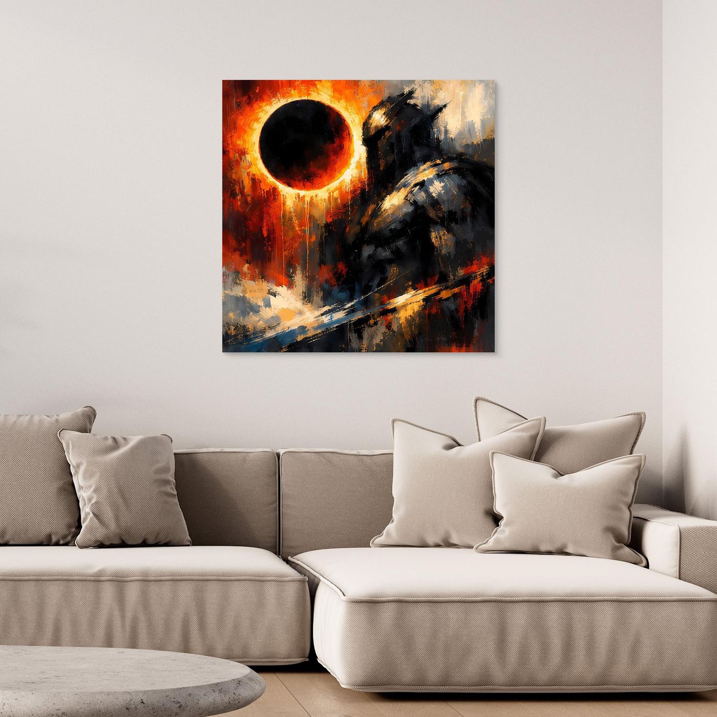 Abstraktes Fantasy-Wandbild: kosmischer Ritter vor großer Sonnenfinsternis, ohne Rahmen