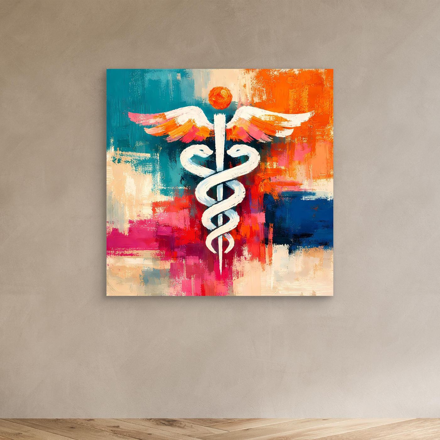 Abstract medical wall art canvas with white caduceus and wings on colorful brush strokes
