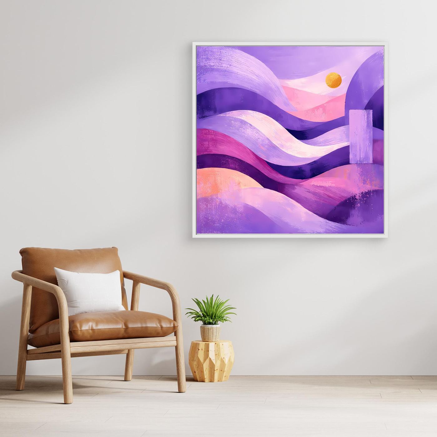 Quadratisches abstraktes Leinwand-Wandbild mit Dünenwellen in Lila und Pink, silberner Rahmen