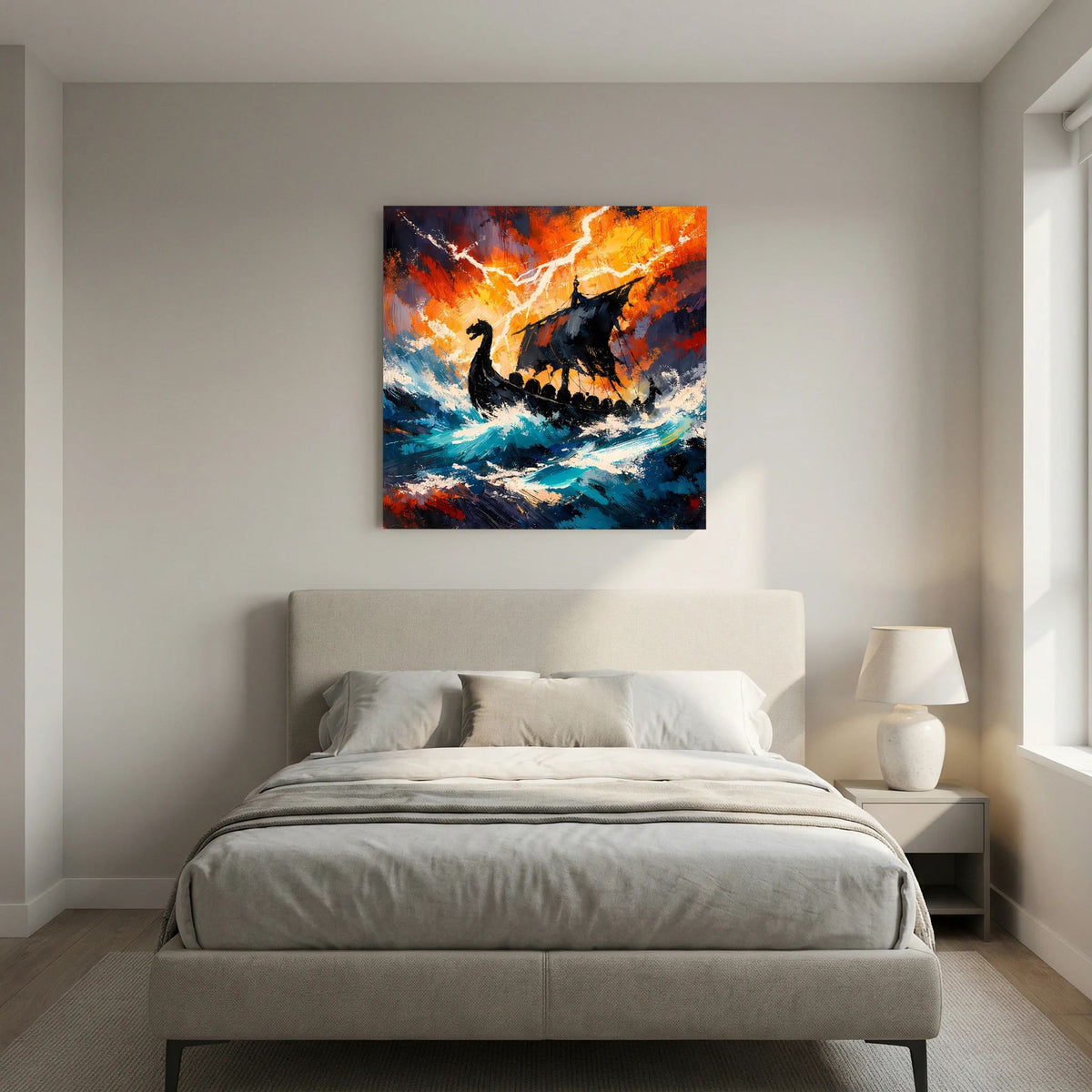 Keilrahmen-Wandbild mit Langschiff und Gewitterlicht, kräftiges Orange, Blau und dunkle Segel