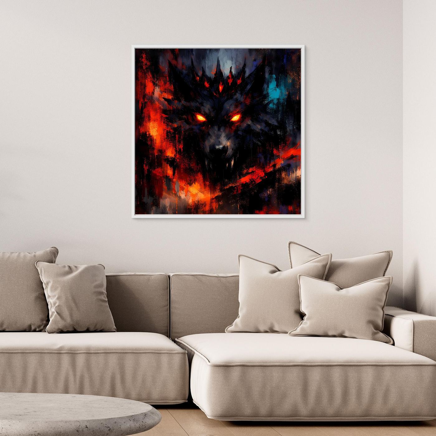 Abstraktes Leinwand-Wandbild mit Wolfsgesicht, leuchtend rot/orange, weißer Rahmen