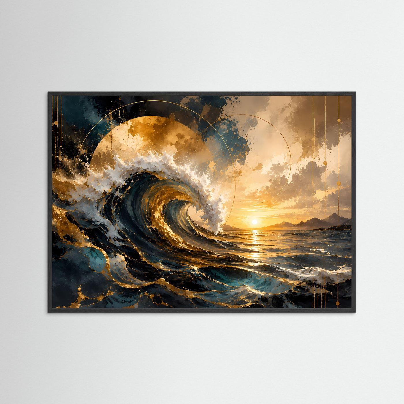 Meerwellen-Poster: blaue und goldene Welle mit Sonnenuntergang, Querformat, schwarzer Rahmen