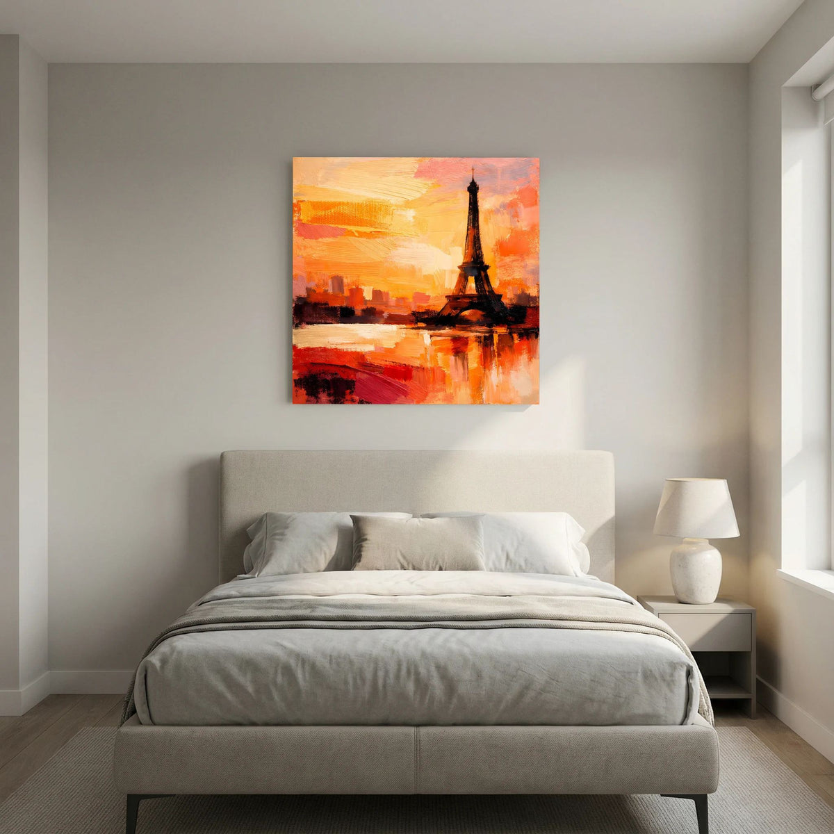 Leinwand Abstraktes Eiffelturm Paris Gemälde | Modernes Romantisches Wandbild Sonnenuntergang
