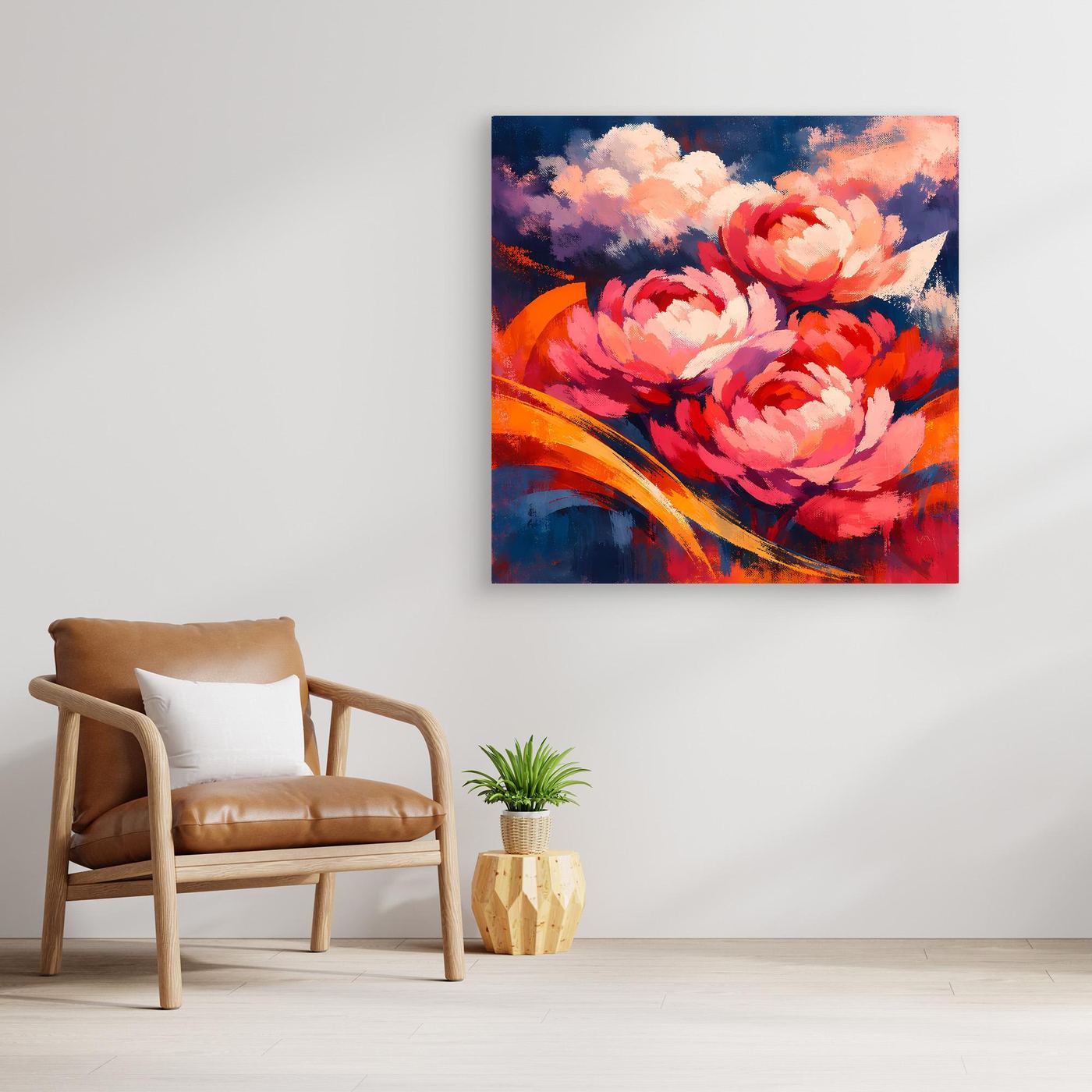 Leinwandbild mit Pfingstrosen-Motiv, farbenfrohe Blüten in Rosa, Rot und Blau