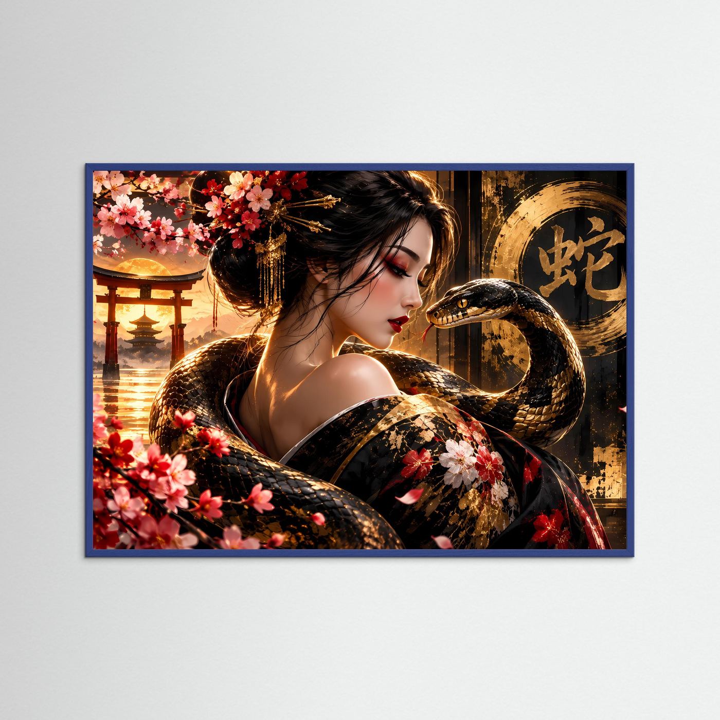 Japanisches Poster mit Frau, Schlange und Kirschblüten in Schwarz, Gold und Rot, Querformat, blauer Rahmen