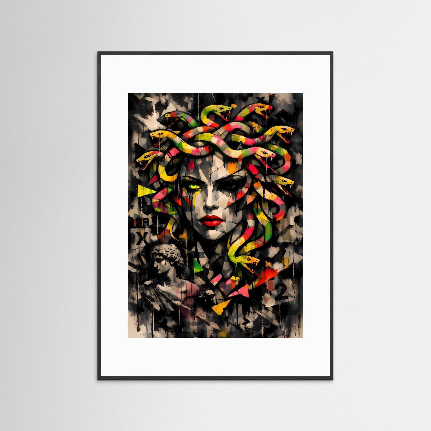 Mythos der Moderne | Urban Art Medusa Poster in Neon-Bunt & Schwarz | Abstraktes Street Art Kunstposter Hochformat