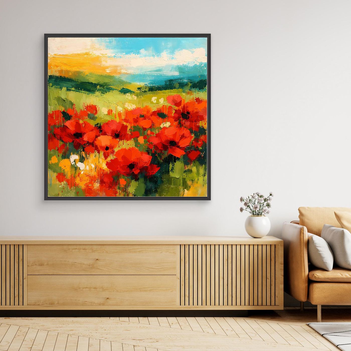 Abstract poppy field wall art with red flowers and green hills, black frame