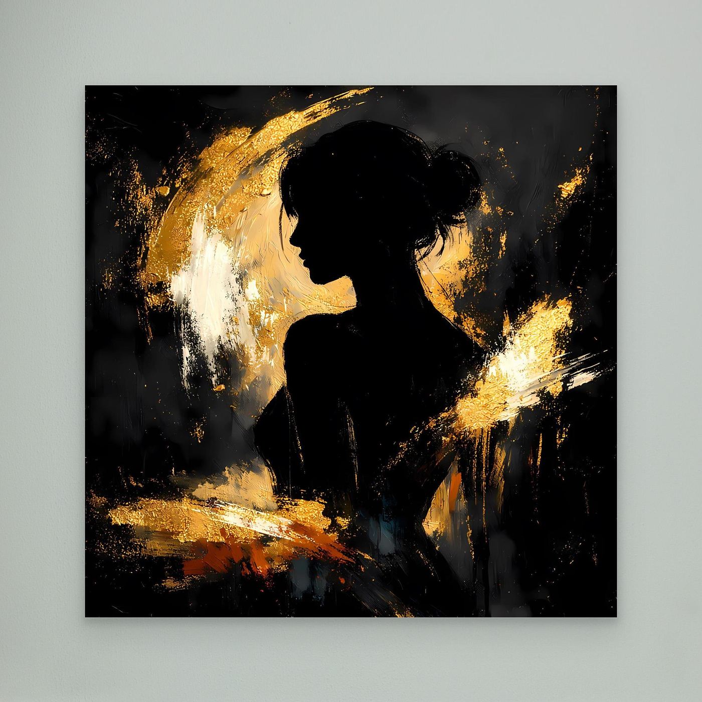 Leinwand Elegante Silhouette in Gold und Schwarz | Modernes Abstraktes Frauen Portrait Wandbild