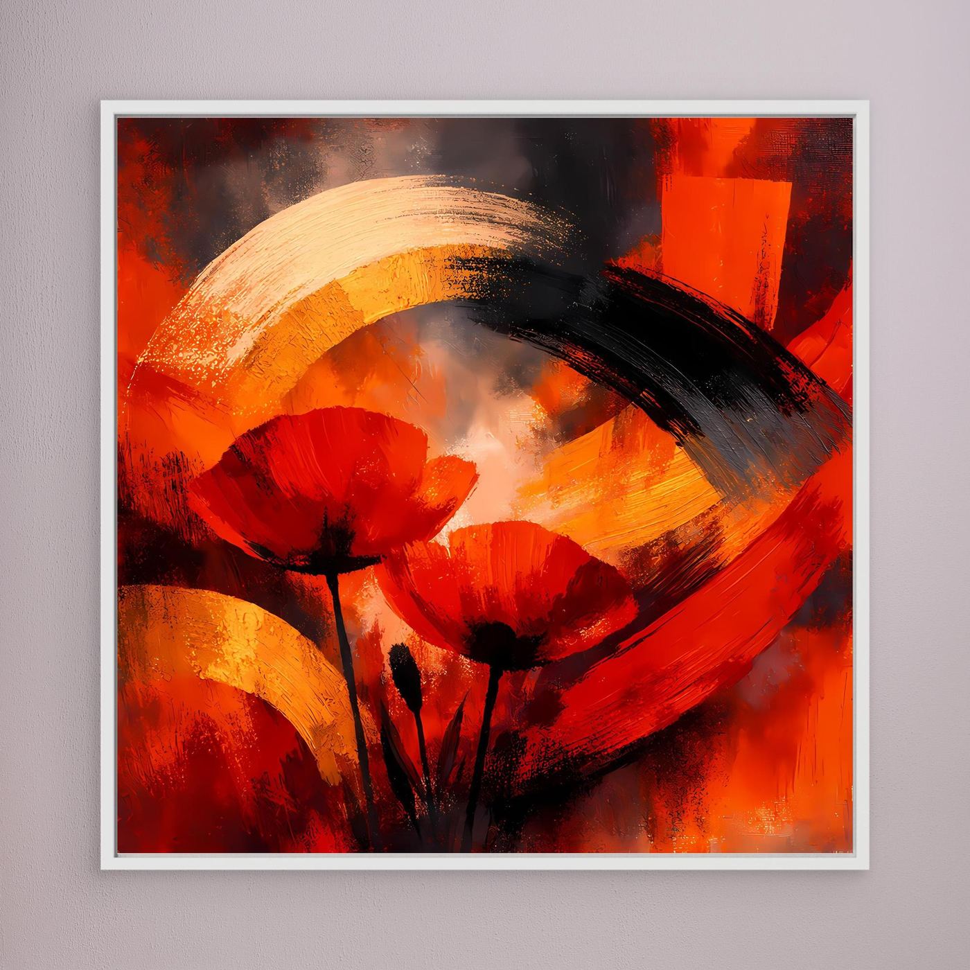 Leinwandbild mit abstrakten Mohnblüten in Rot, Schwarz und Gold, weiß gerahmt
