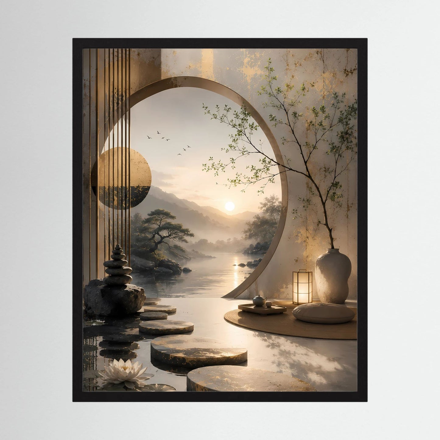 Hochformat-Poster im schwarzen Rahmen mit asiatischer Zen-Landschaft, rundem Mond und Lotus