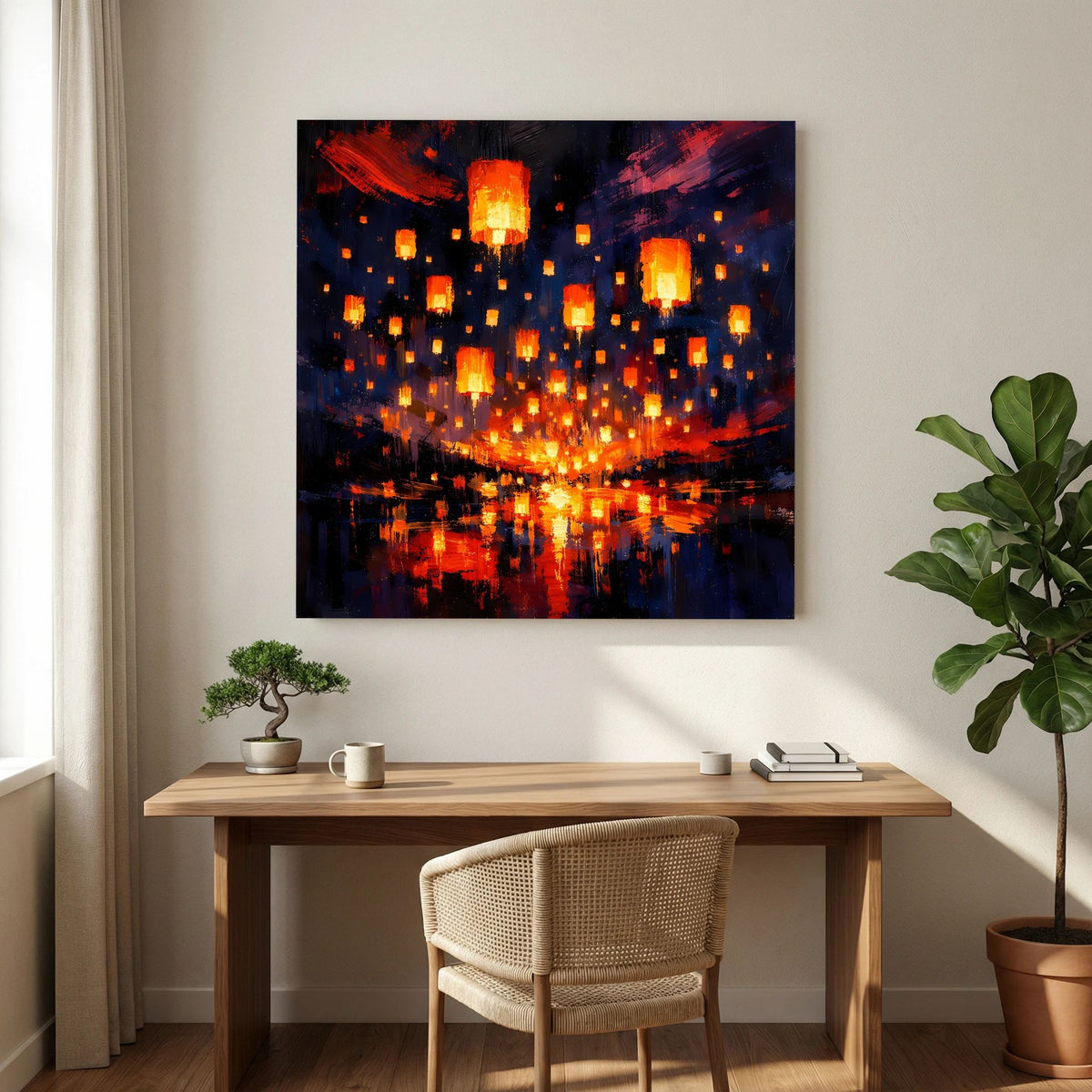 Quadratische Keilrahmen-Leinwand mit orangefarbenen Laternenlichtern über klarer Spiegelung