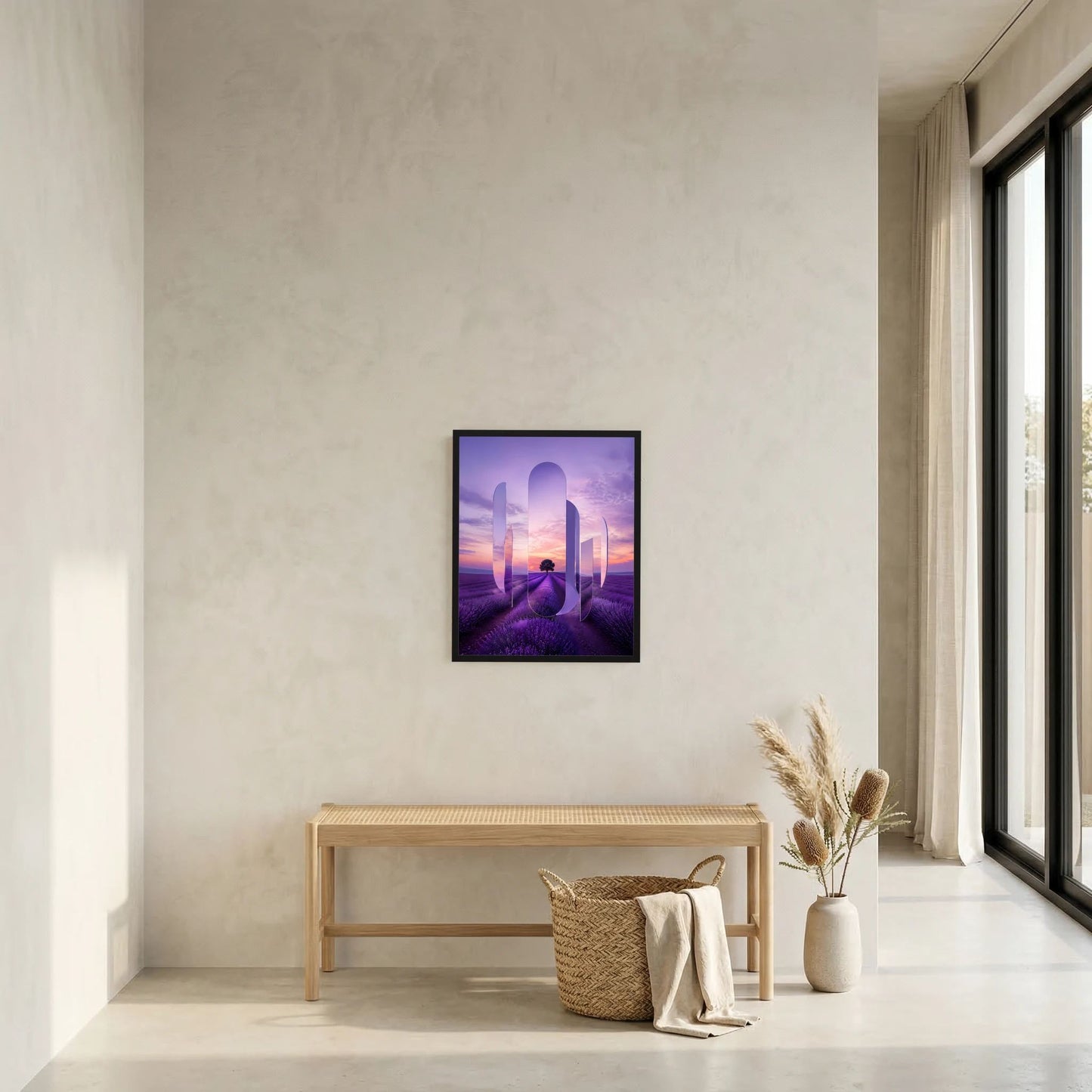 Kunstposter im Hochformat im schwarzen Rahmen: Lavendelfeld mit spiegelartigen Formen