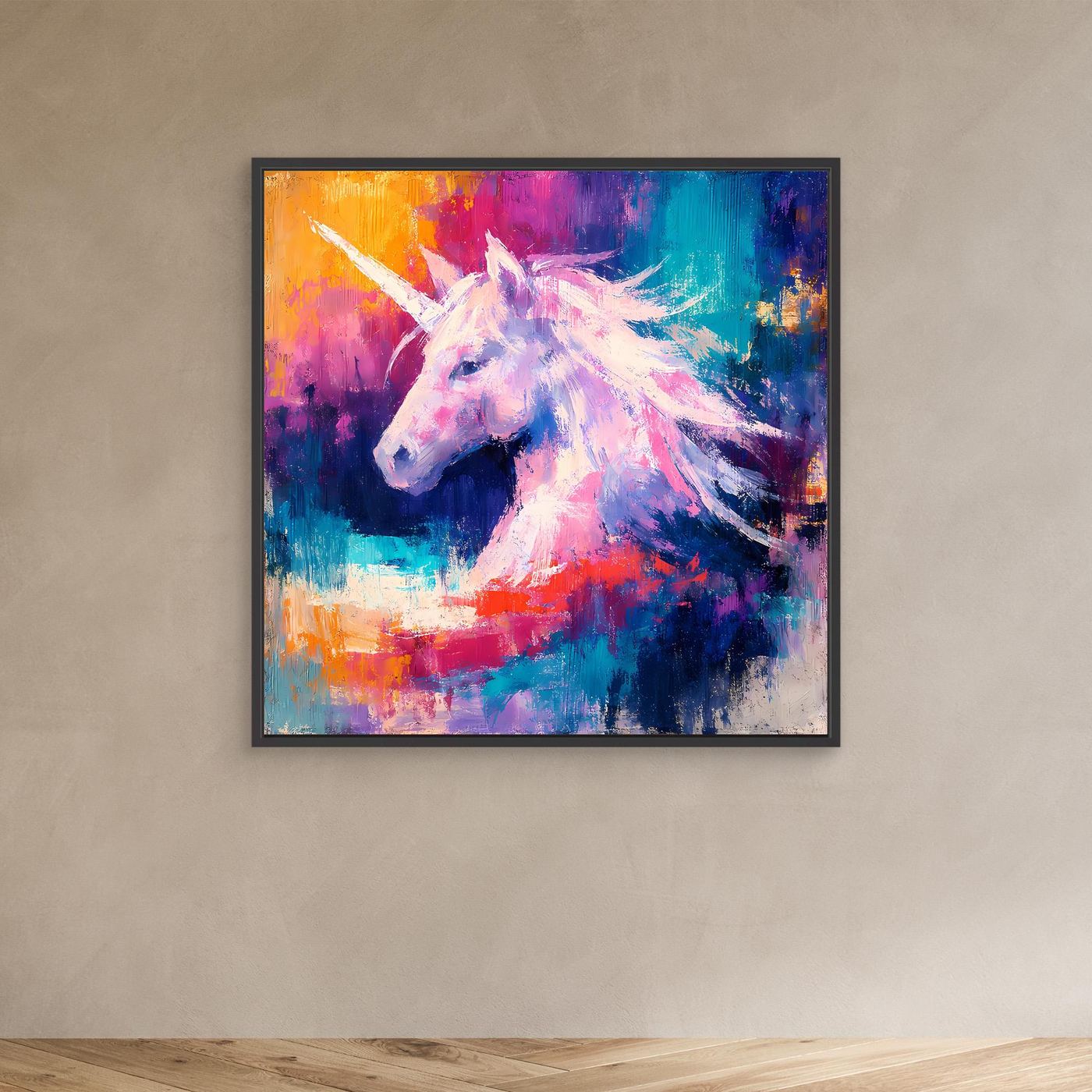 Leinwand Elegantes Einhorn im Farbenmeer | Abstraktes Fantasy & Pastell Wandbild