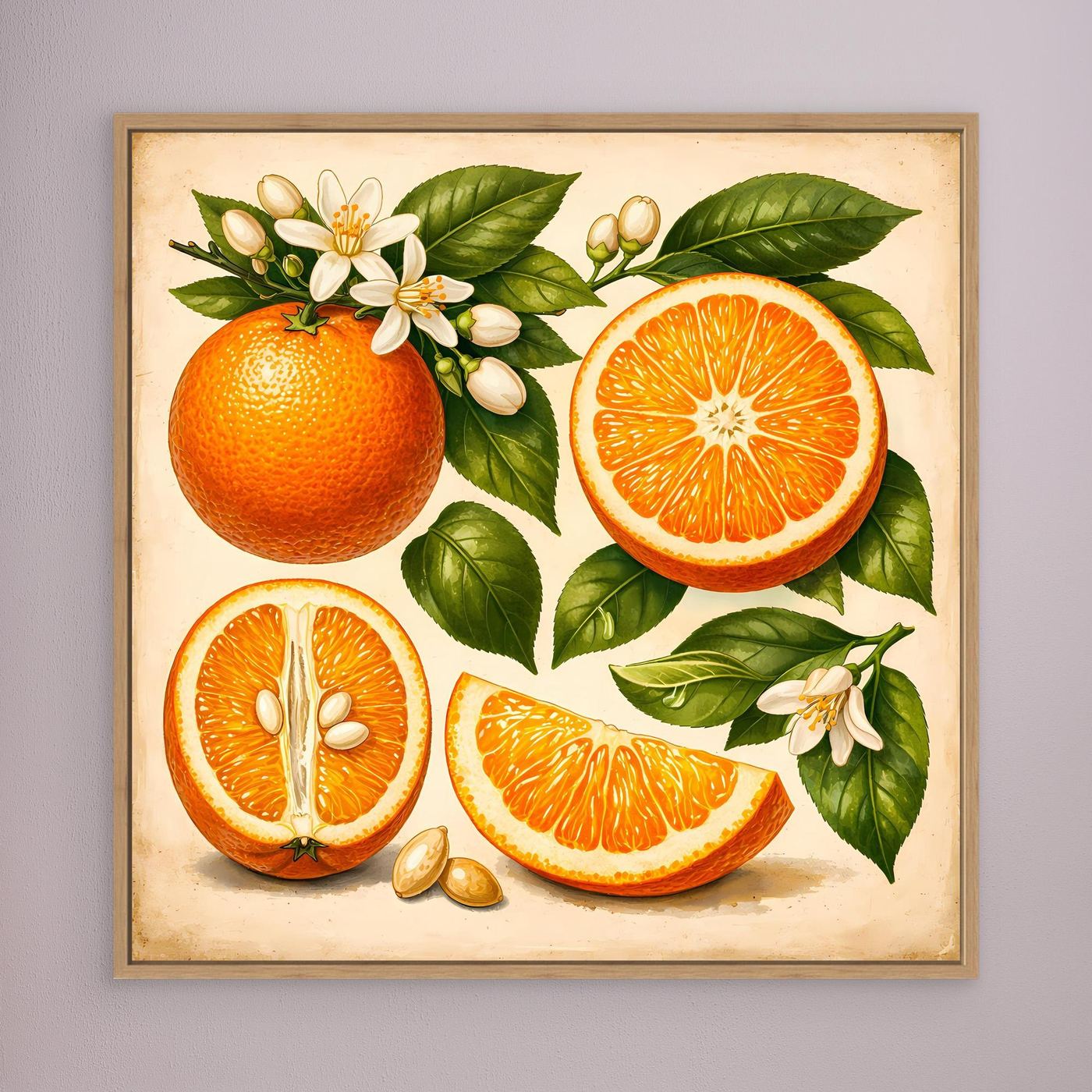 Leinwandbild mit Vintage-Orangen, Citrusfrüchten und Blütenblättern im Holzrahmen
