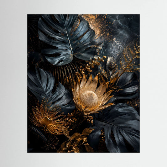 Hochformatiges Kunstposter mit schwarzen Monstera-Blättern und goldener Protea, Goldakzenten