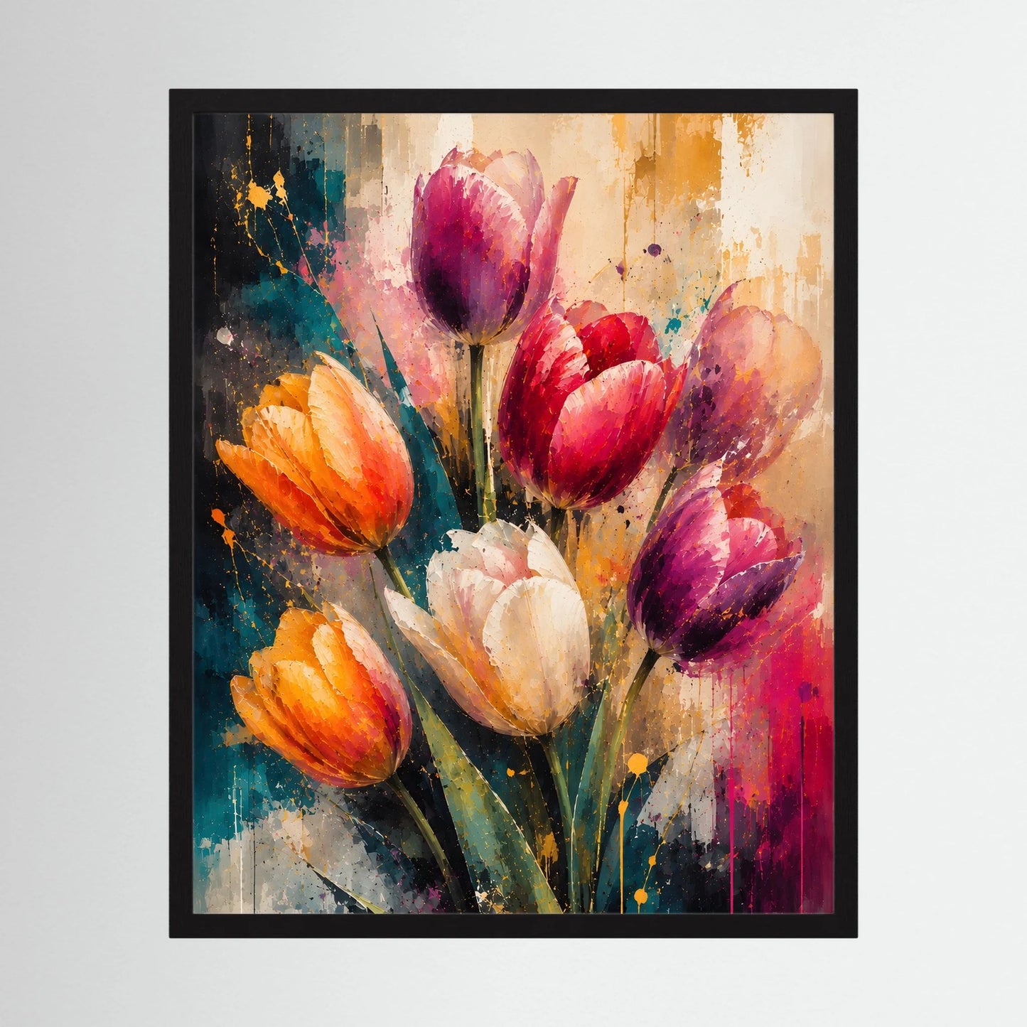 Abstraktes Tulpen-Kunstposter im schwarzen Rahmen, pinke und violette Blüten, Hochformat