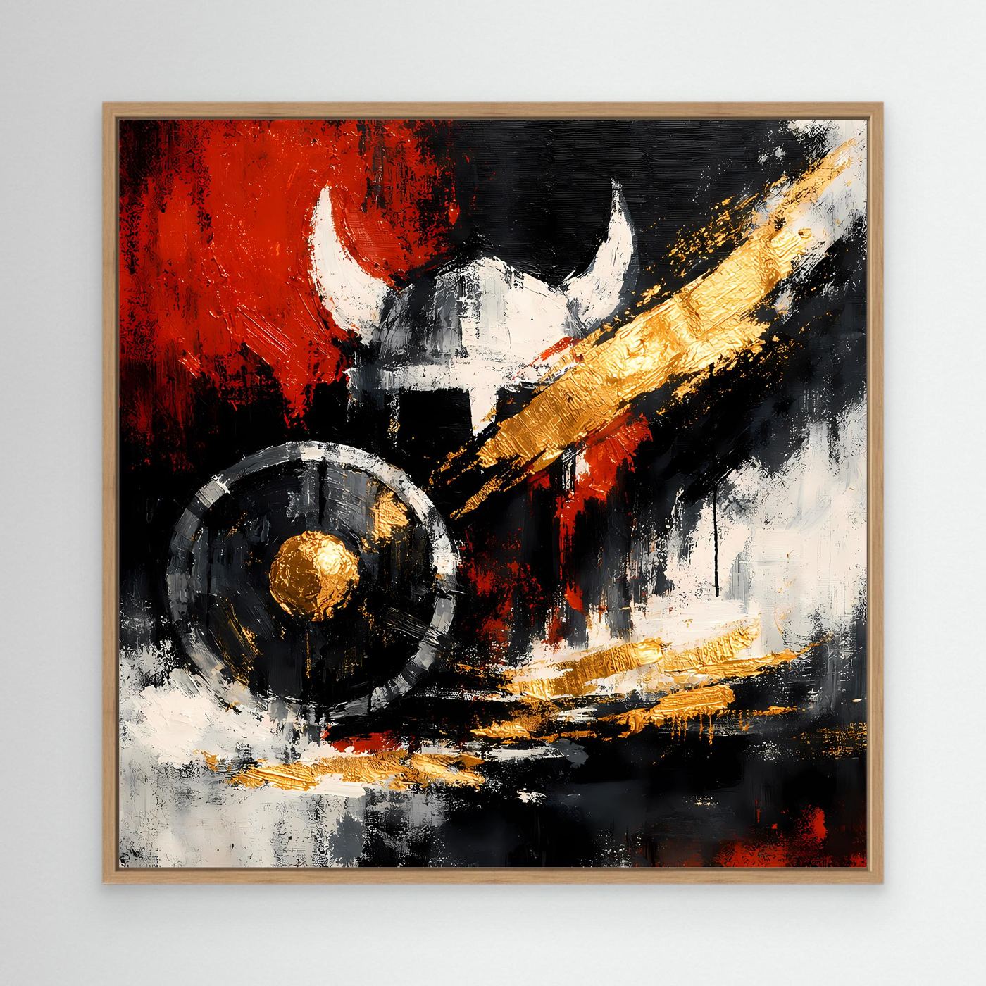 Leinwandbild mit Wikingerhelm und Schild im abstrakten Stil, Eichenrahmen