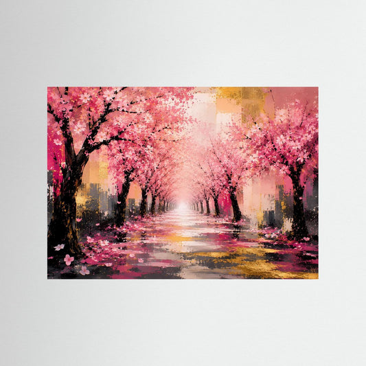 Abstraktes Wandbild mit rosa blühenden Bäumen und goldenem Licht, ohne Rahmen