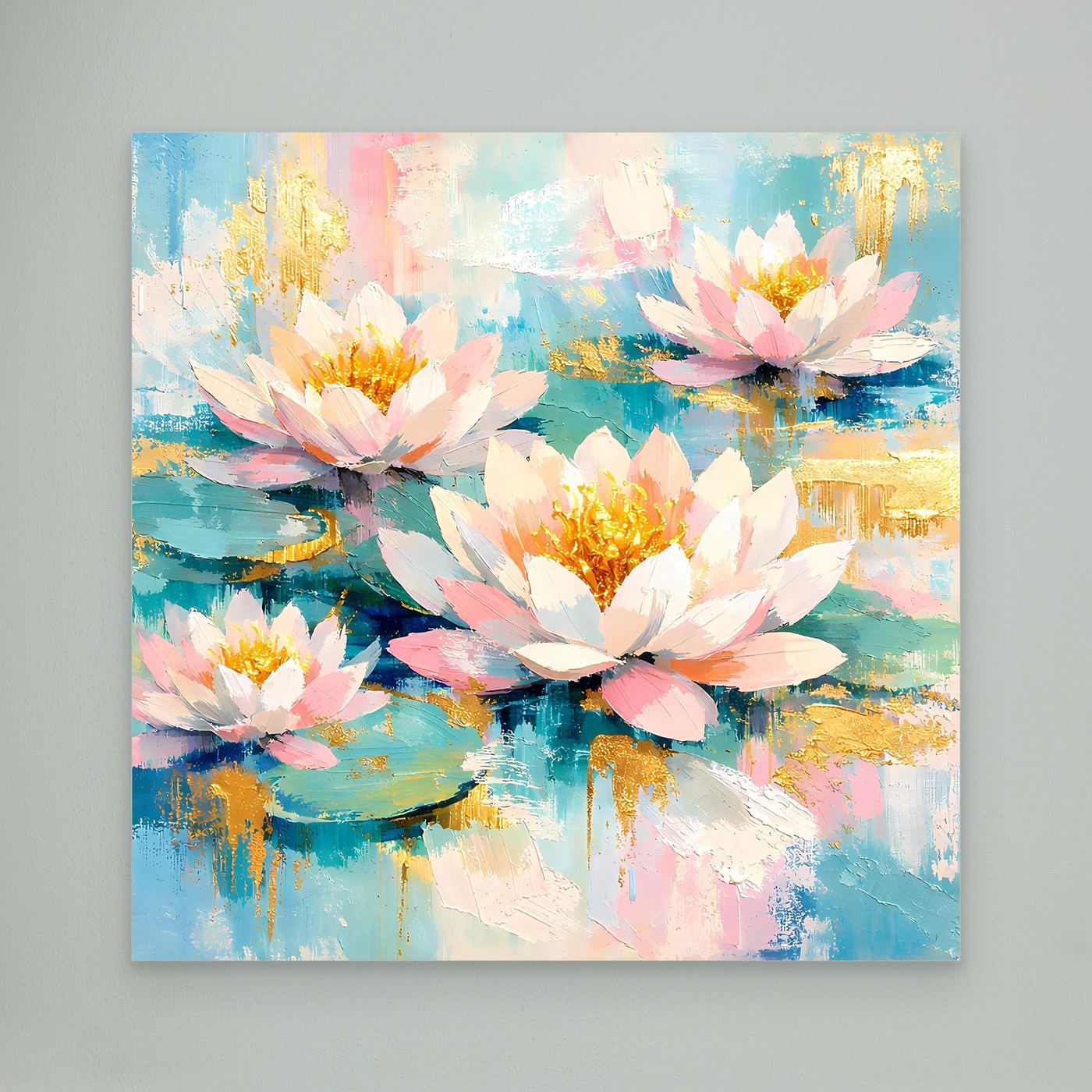Leinwandbild Seerosen abstrakt ohne Rahmen, weiß-rosa Blüten und goldene Spritzer auf Blau