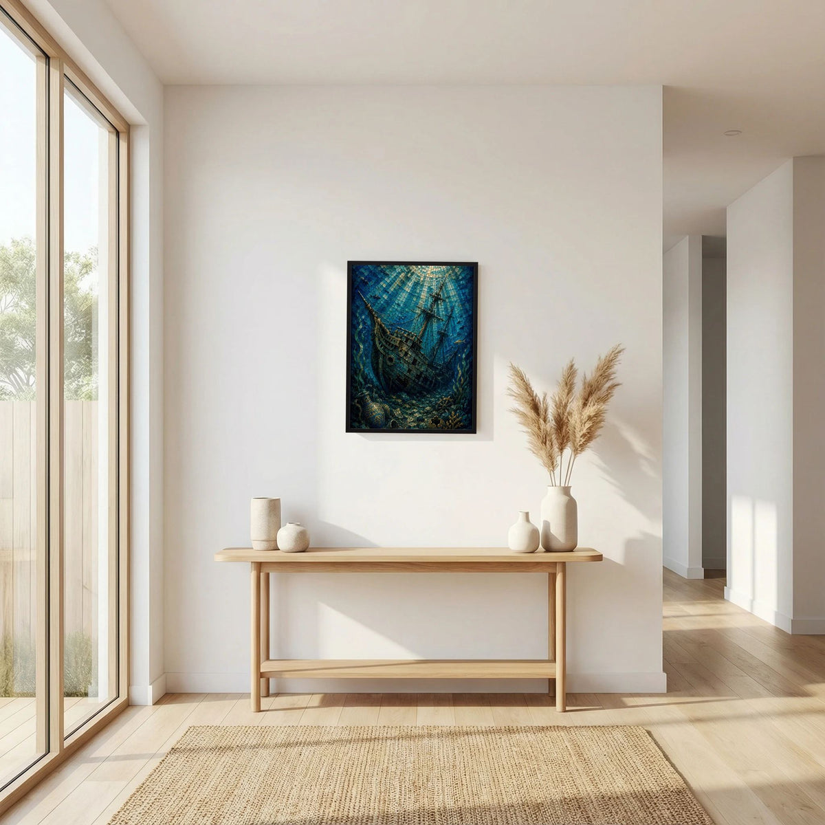 Poster im Hochformat mit versunkenem Segelschiff als Mosaik, blau und gold, schwarzer Rahmen
