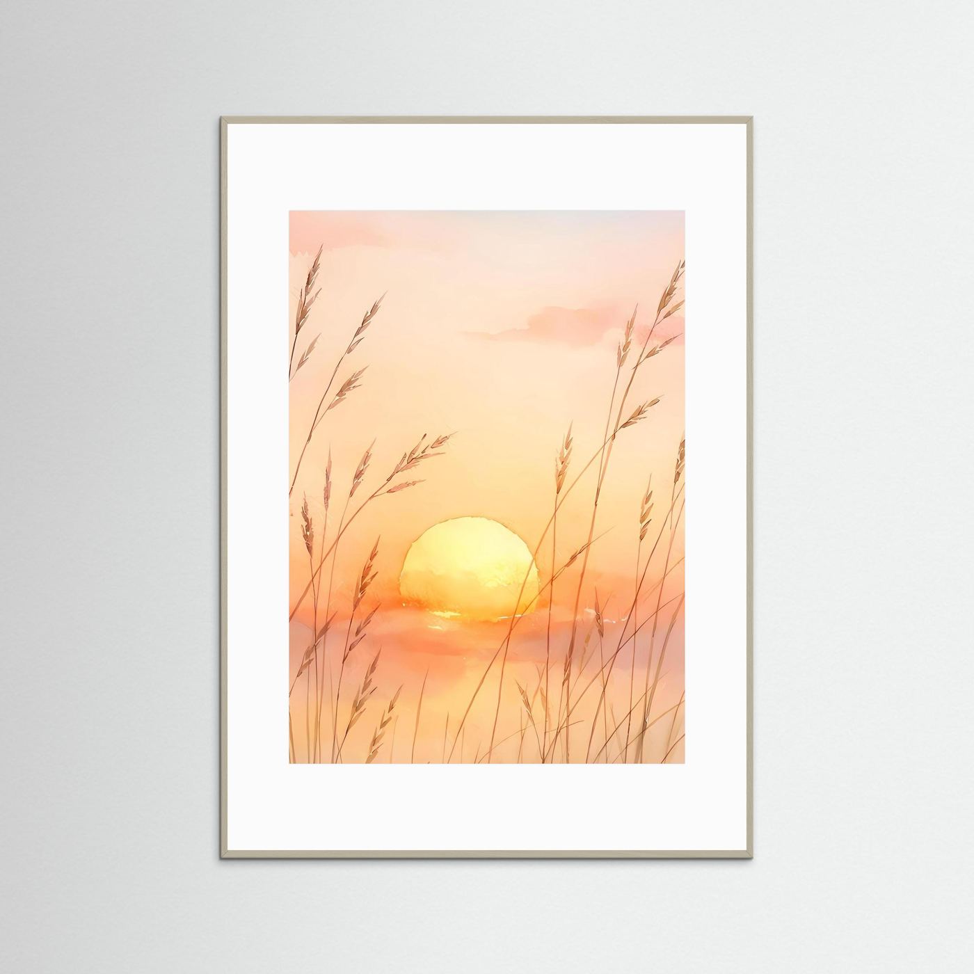 Gerahmtes Poster mit Sonnenuntergang und Gräsern im Aquarellstil, heller Rahmen