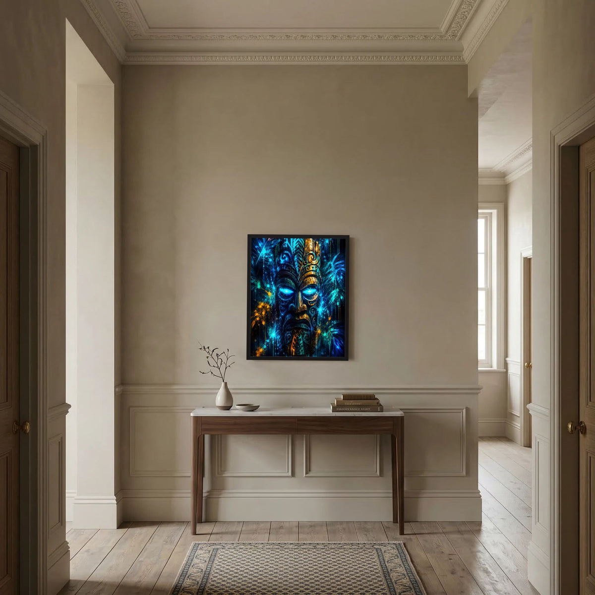 Gerahmtes Hochformat-Kunstposter mit Tiki-Maske in Blau, Türkis und goldenen Akzenten