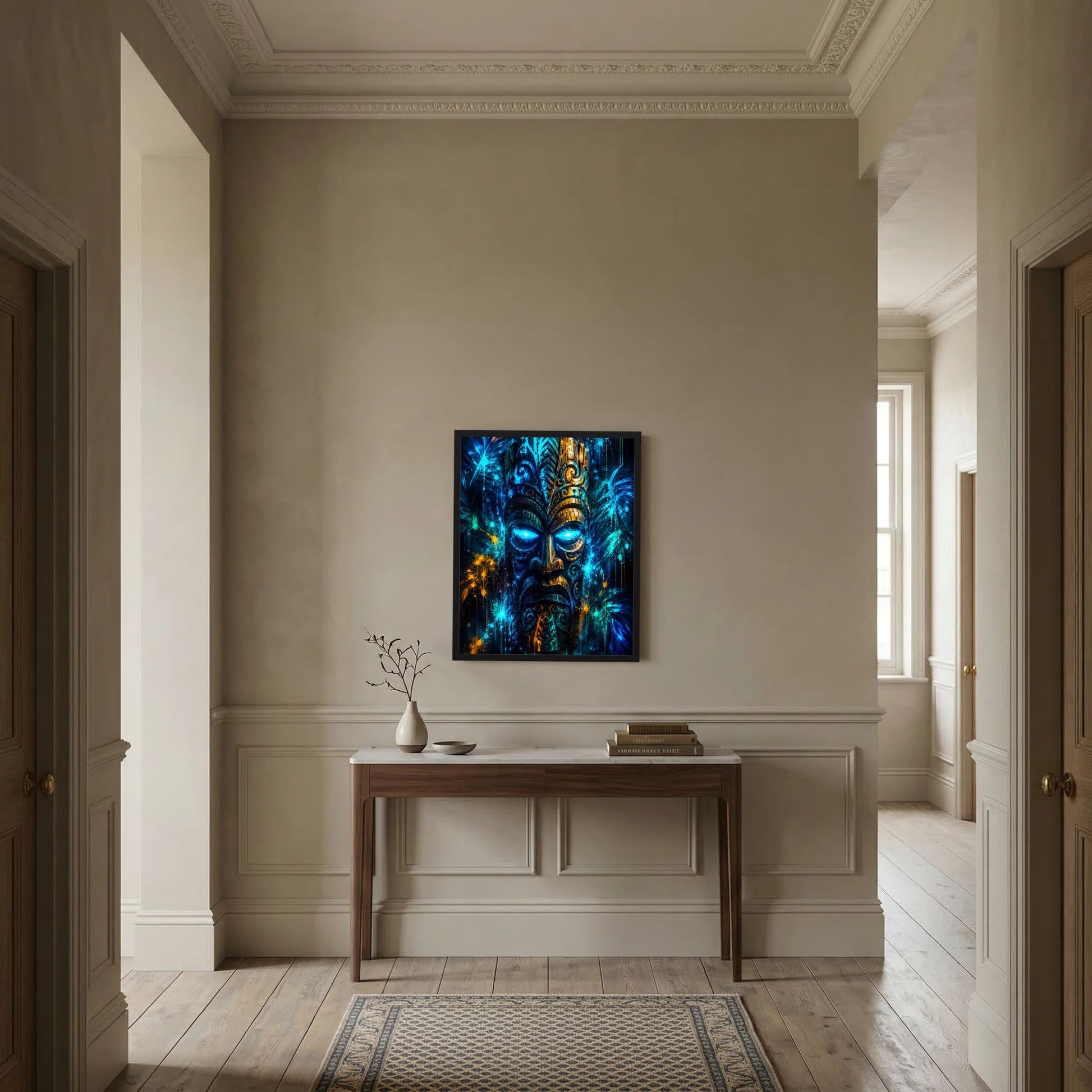 Gerahmtes Hochformat-Kunstposter mit Tiki-Maske in Blau, Türkis und goldenen Akzenten
