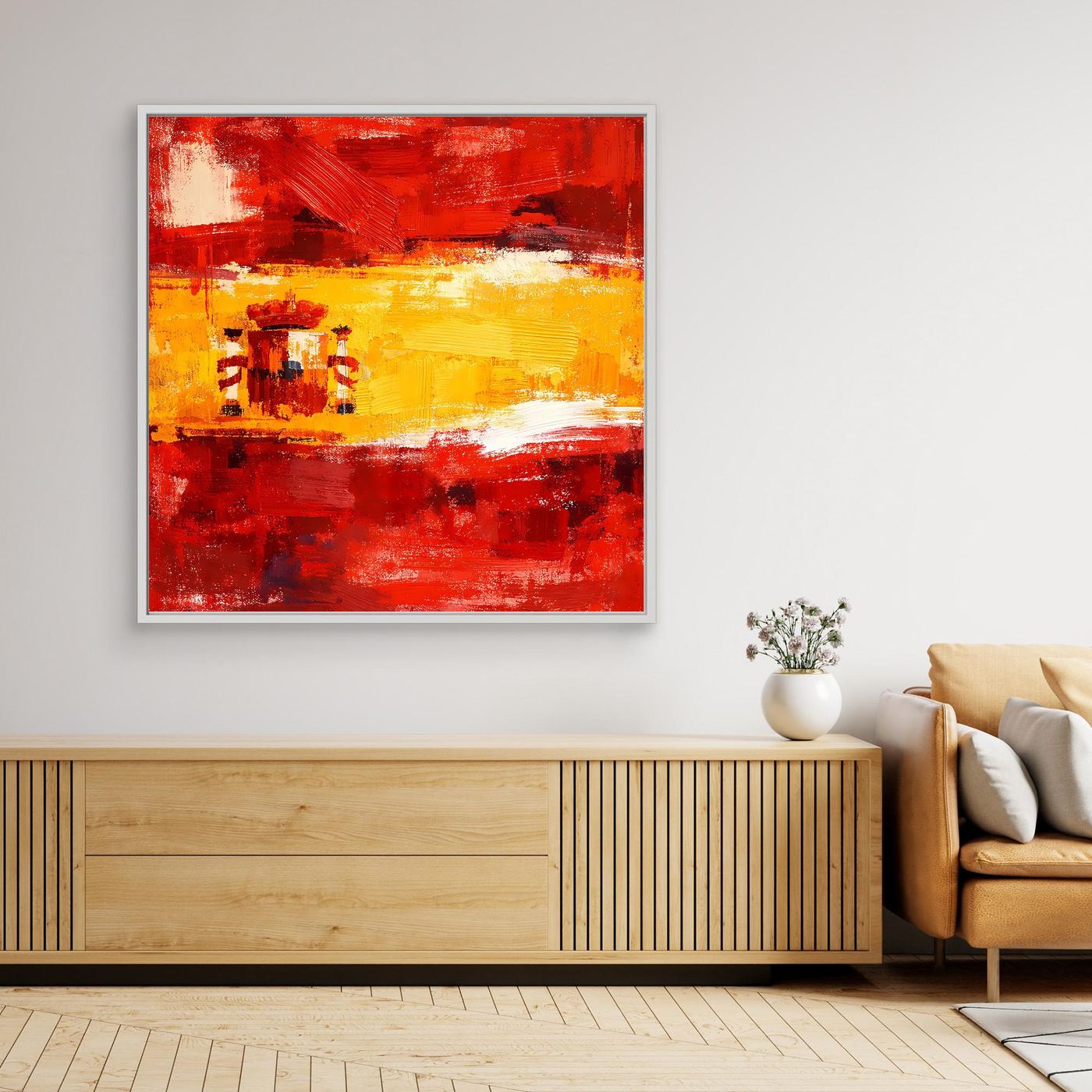 Abstract canvas wall art of Spain flag, red and yellow, with silver frame
