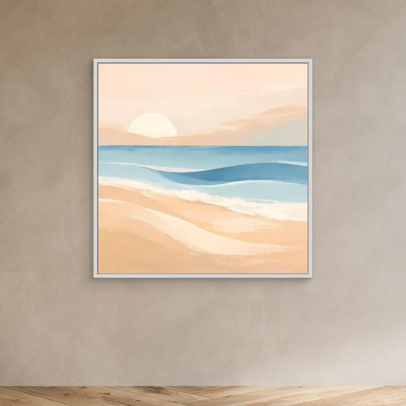 Abstraktes Leinwandbild Strand und Sonnenuntergang mit weißem Rahmen